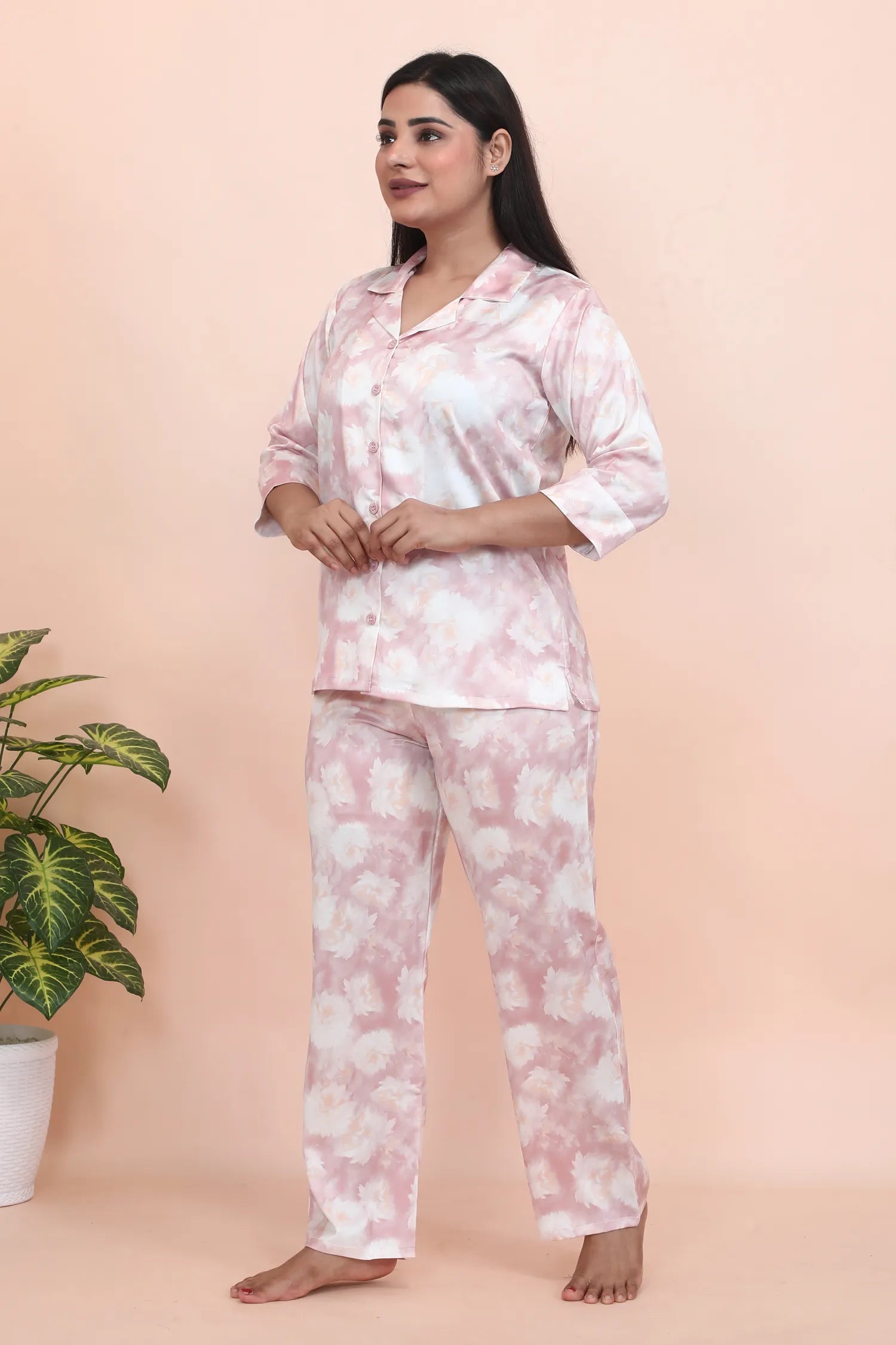 Velure Glamorous Rose Print Night Suit - Velure - - 3/4 Sleeves, Collar Neck, Floral Print, Front Button Open, Full Length Pant, Satin