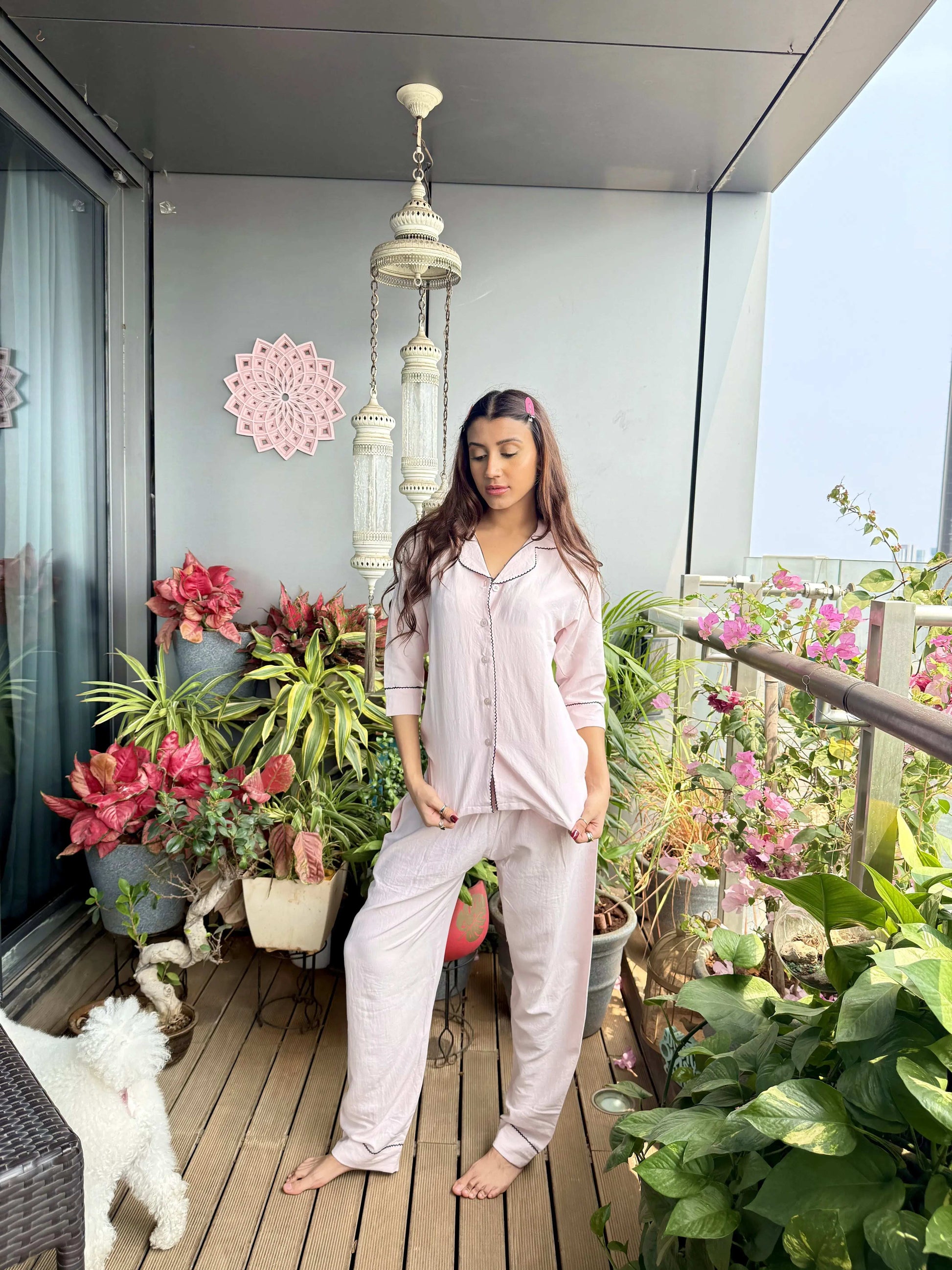 Velure Pink Cotton Breeze
 Night Suit - Velure - - 3/4 Sleeves, Collar Neck, Cotton, Front Button Open, Full Length Pant