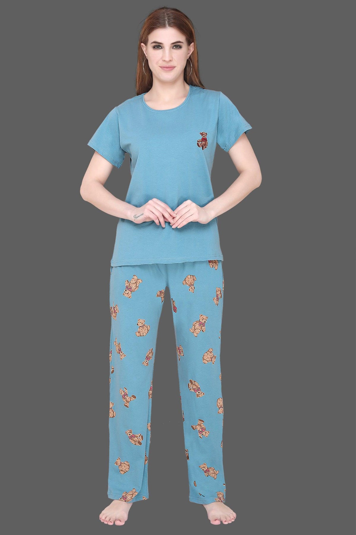 Velure Classic Teddy Print Pajama Set - Velure - T-Shirt and Pant - Cotton Lycra Fabric, Full Length Pant, Half Sleeves, Round neck nightsuit