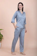 Velure Casual Cherry Print Satin Night Suit - Velure - - 3/4 Sleeves, Collar Neck, Front Button Open, Full Length Pant, Printed, Satin