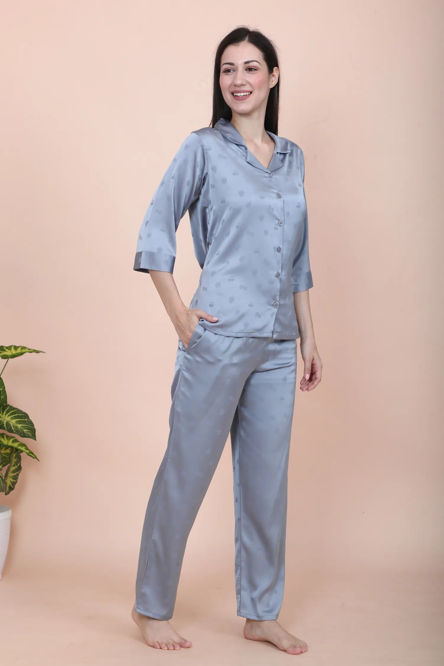 Velure Casual Cherry Print Satin Night Suit - Velure - - 3/4 Sleeves, Collar Neck, Front Button Open, Full Length Pant, Printed, Satin