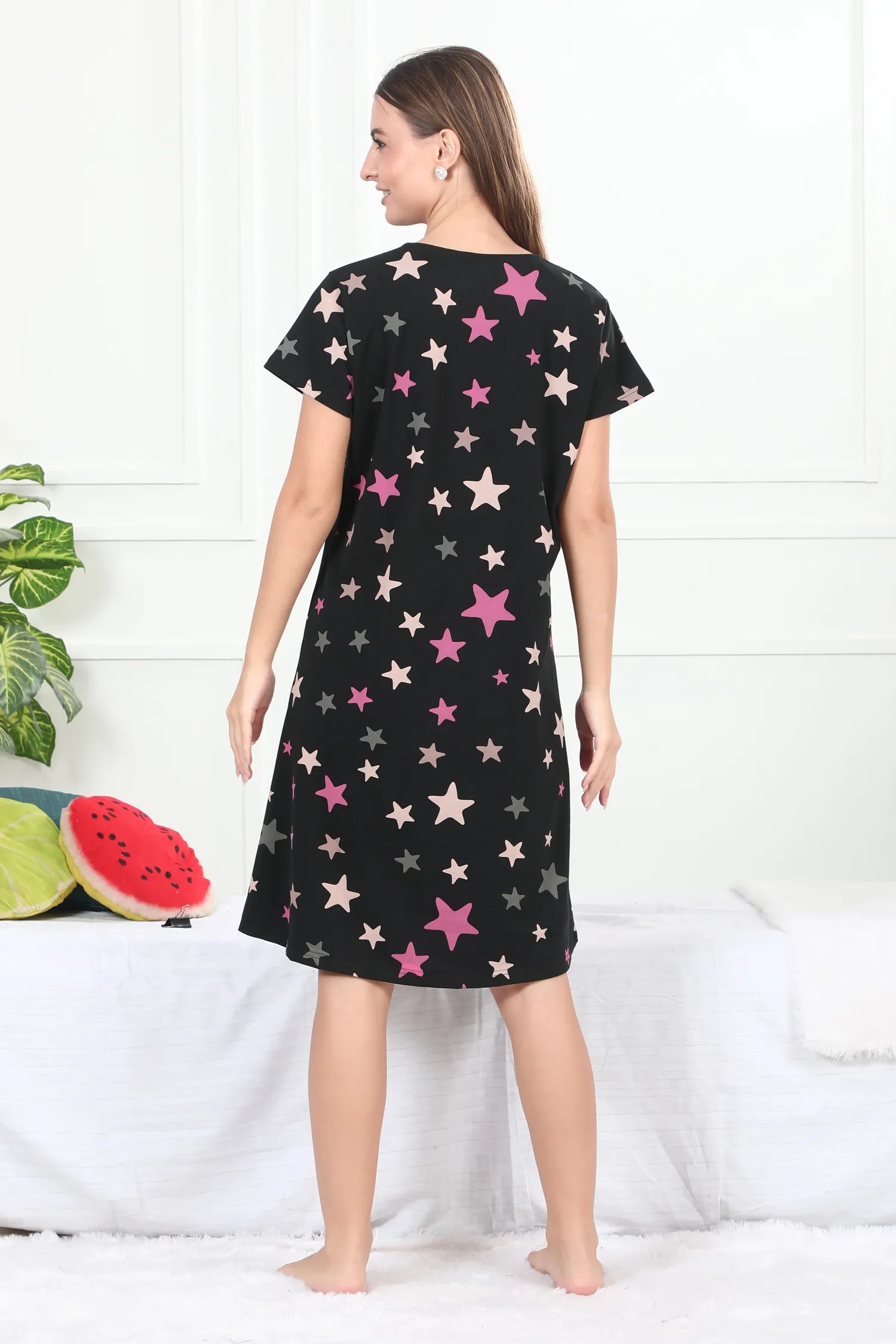 Velure Glossy Black Star Print Short Nighty - Velure - - Cotton, Half Sleeves, Knee Length, Printed, Round neck