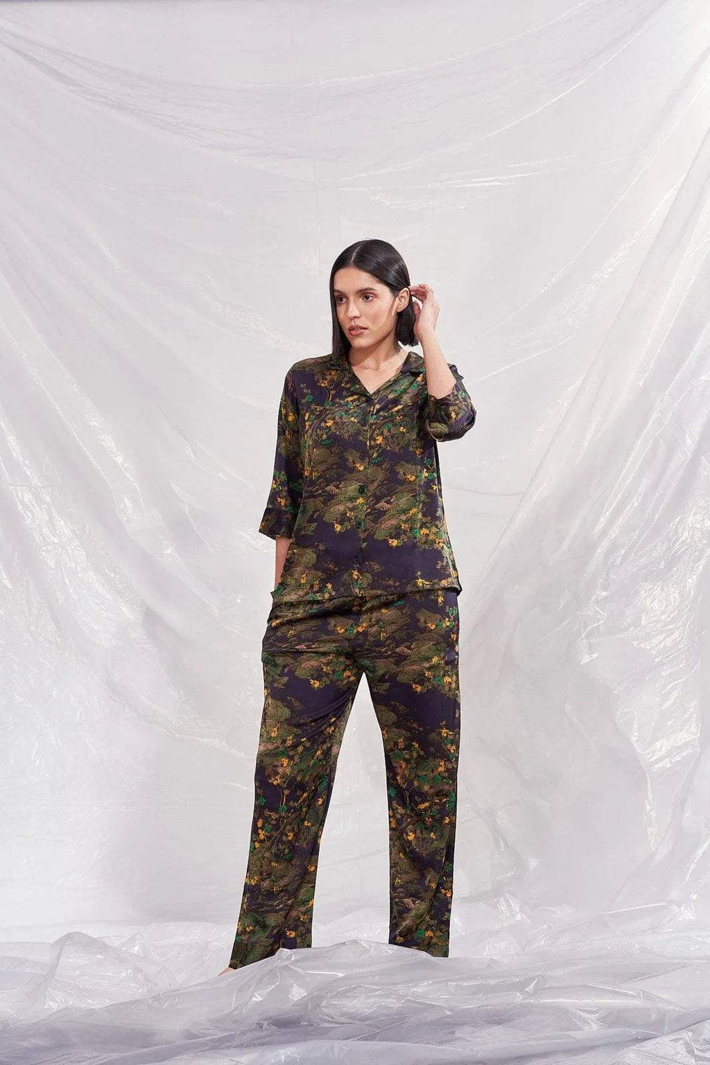 Velure Floral Print Satin Night Suit - Velure - Shirt and Pant - 3/4 Sleeves, Collar Neck, Floral Print, Front Button Open, Full Length Pant, Satin