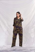 Velure Floral Print Satin Night Suit - Velure - Shirt and Pant - 3/4 Sleeves, Collar Neck, Floral Print, Front Button Open, Full Length Pant, Satin
