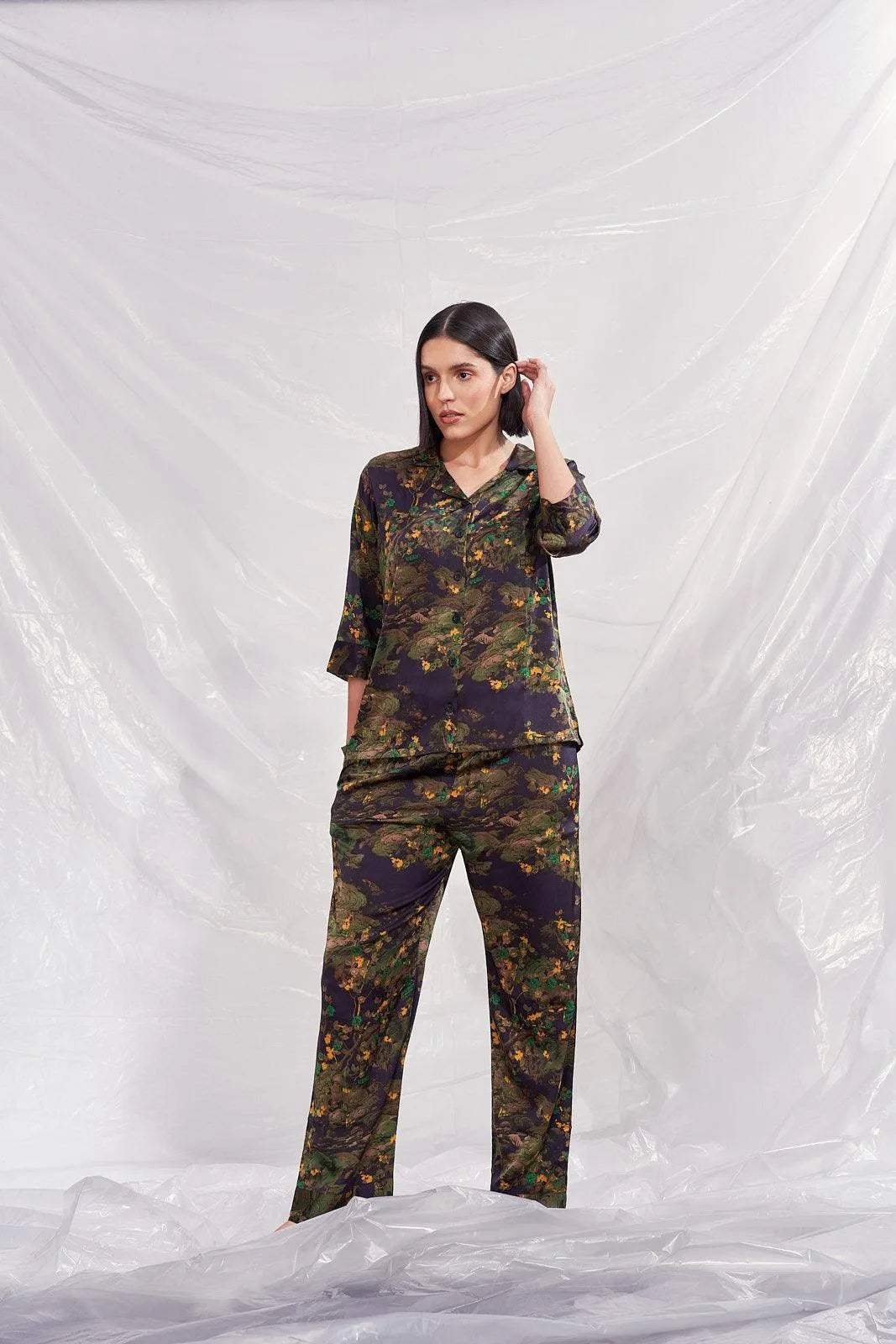 Velure Floral Print Satin Night Suit - Velure - Shirt and Pant - 3/4 Sleeves, Collar Neck, Floral Print, Front Button Open, Full Length Pant, Satin