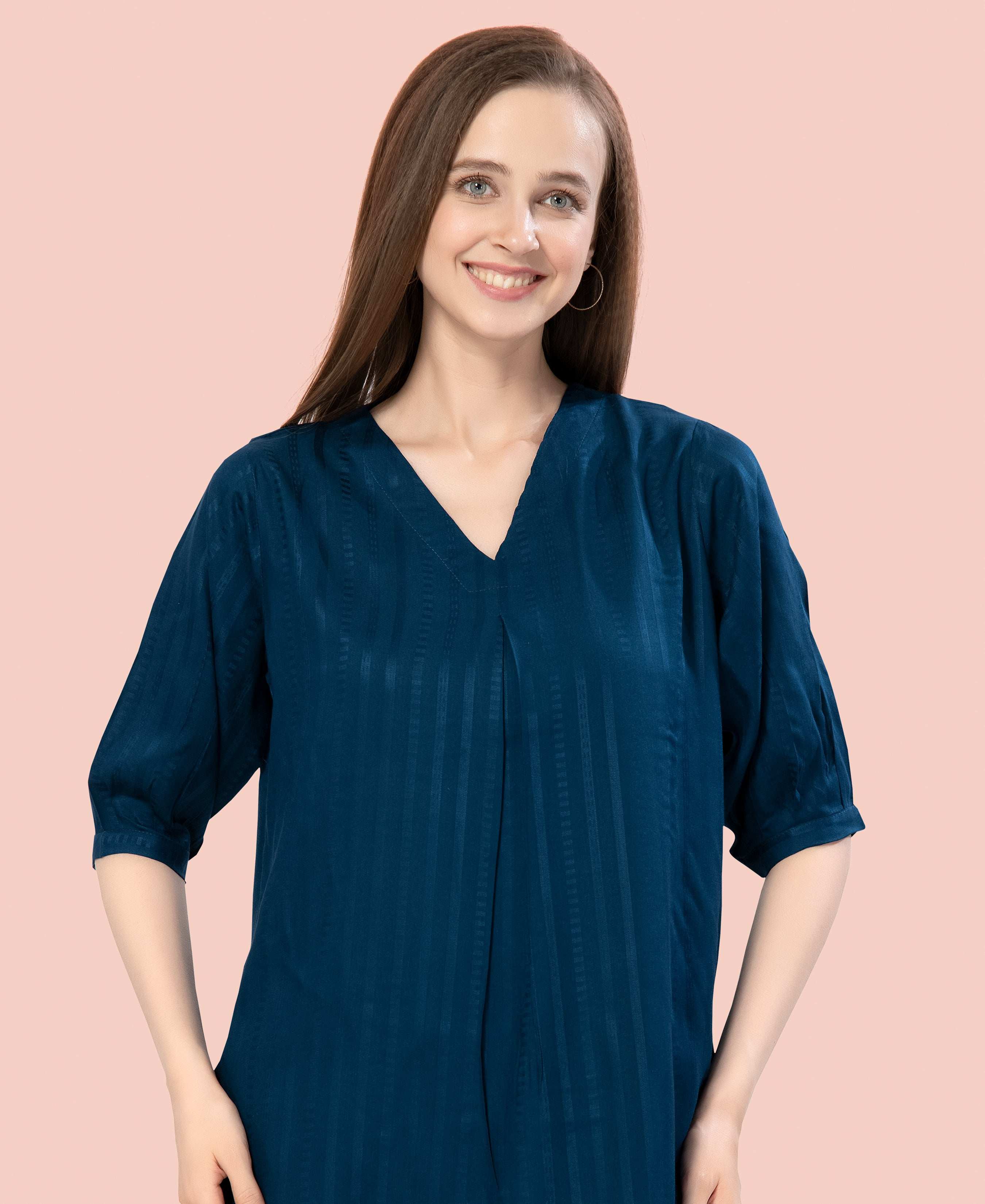 Velure Stylish Teal Blue Kurti Style Night Suit - Velure - - 3/4 Sleeves, Collar Neck, Cotton, Front Button Open, Full Length Pant