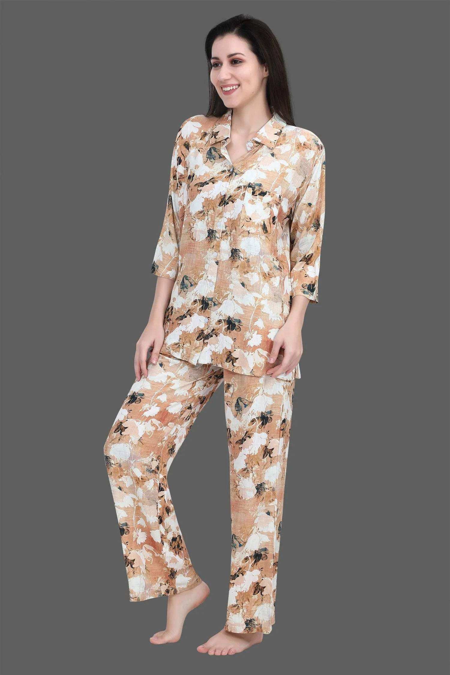 Velure Classic Floral Print Palazzo Co-ord Set - Velure - - 3/4 Sleeves, Collar Neck, Front Button Open, Full Length Pant, Linen