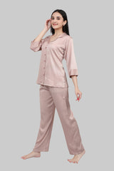 Velure Classic Shiny Satin Night Suit - Velure - - 3/4 Sleeves, Collar Neck, Front Button Open, Satin