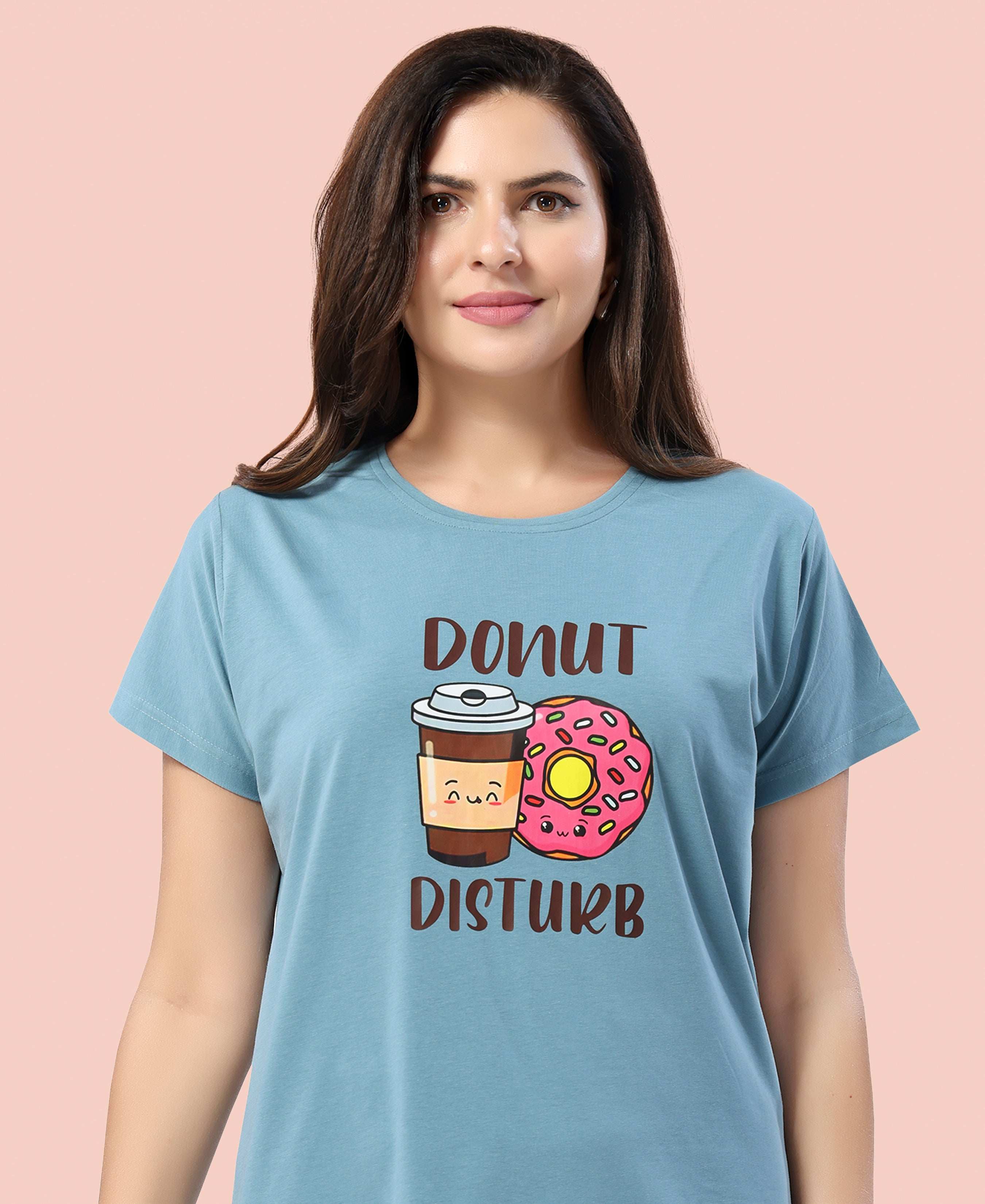 Velure Cheerful Donut Printed Short Nighty - Velure - - Cotton, Half Sleeves, Knee Length, Printed, Round neck