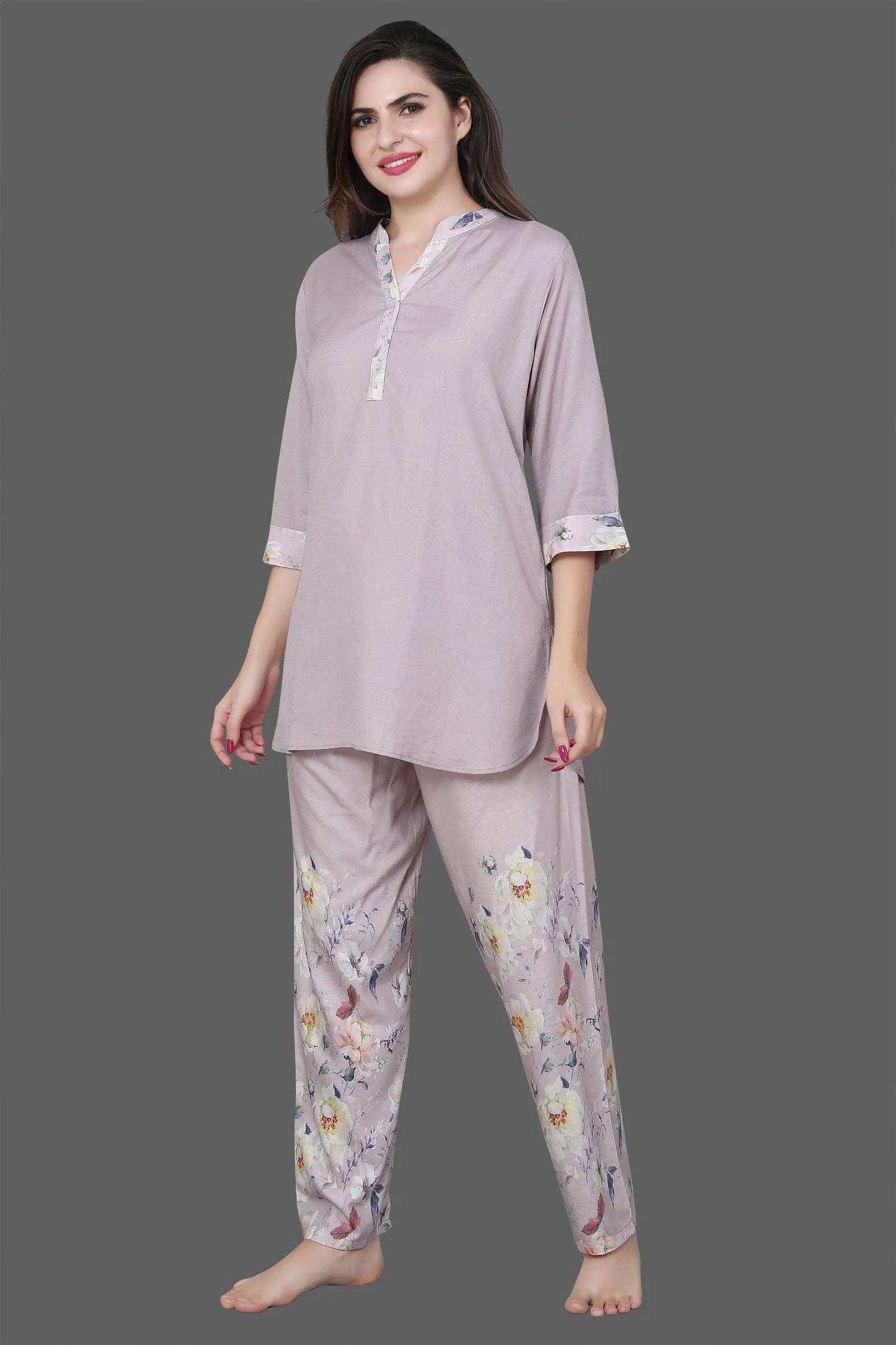 Velure Sleek Floral Print Kurti Style Night Suit - Velure - - 3/4 Sleeves, Collar Neck, Full Length Pant, Linen, Printed