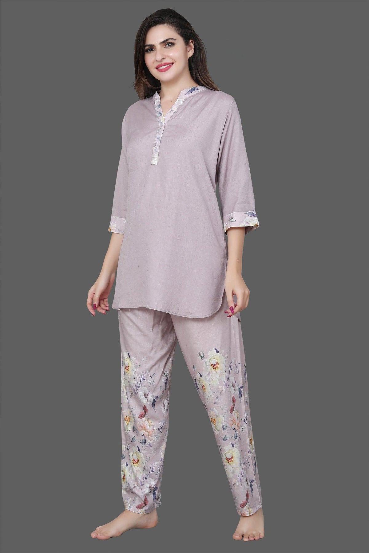 Velure Sleek Floral Print Kurti Style Night Suit - Velure - Long Top and Pant - 3/4 Sleeves, Collar Neck, Full Length Pant, Linen, Printed