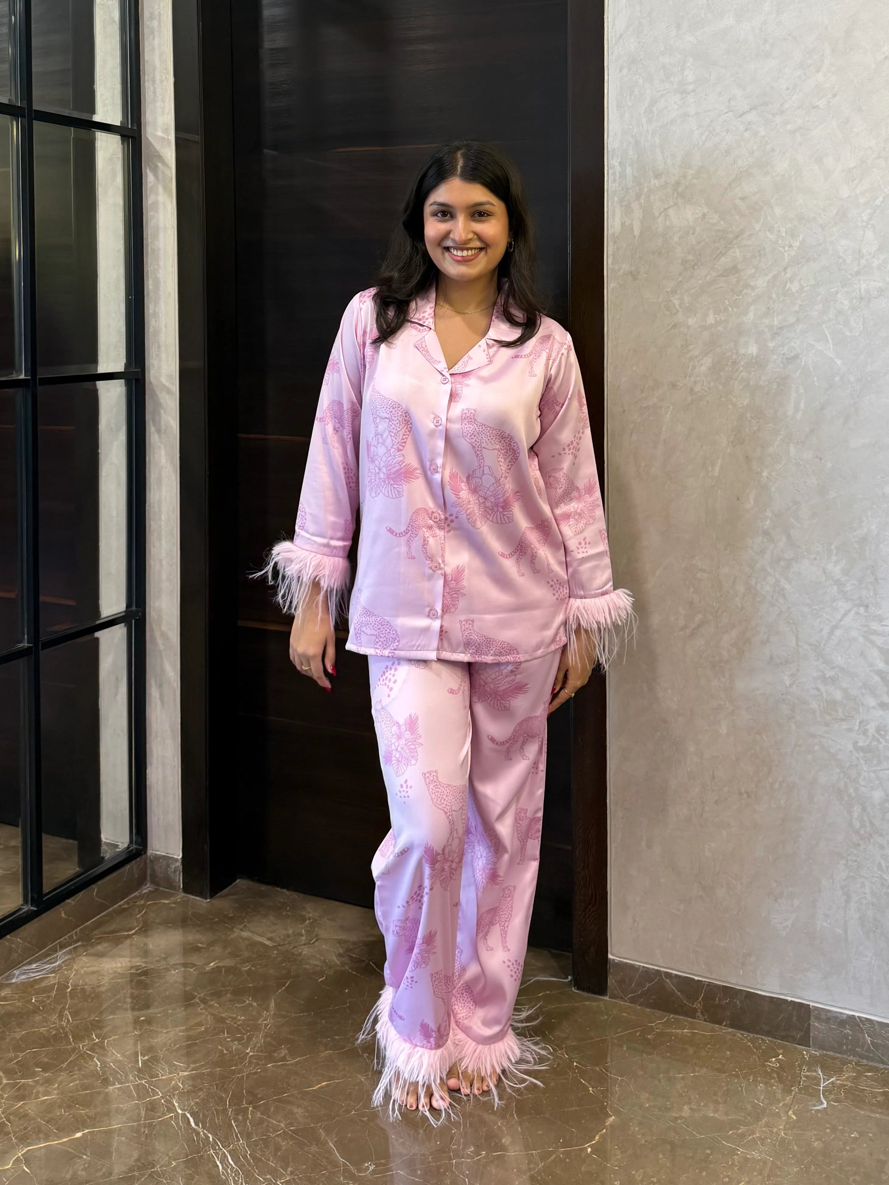 Velure Trendy Cheetah Print Satin Sleepwear Set