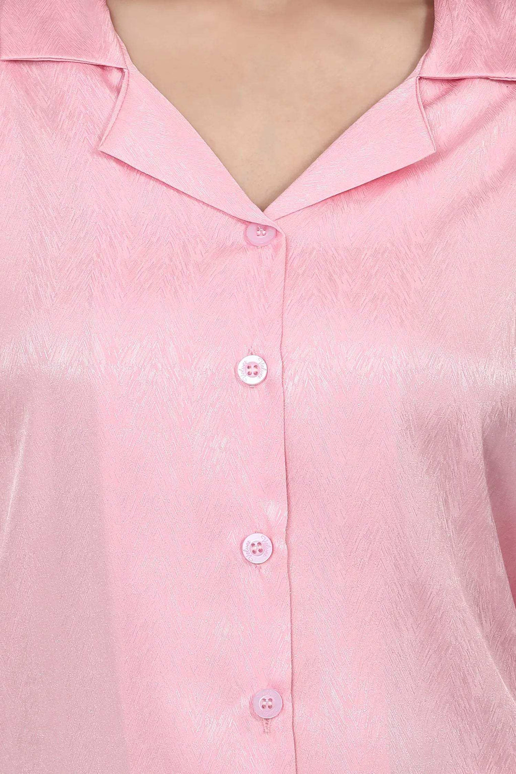 Velure Glossy Pink Satin Night Suit - Velure - - 3/4 Sleeves, Collar Neck, Front Button Open, Full Length Pant, Satin