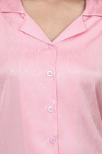 Velure Glossy Pink Satin Night Suit - Velure - - 3/4 Sleeves, Collar Neck, Front Button Open, Full Length Pant, Satin
