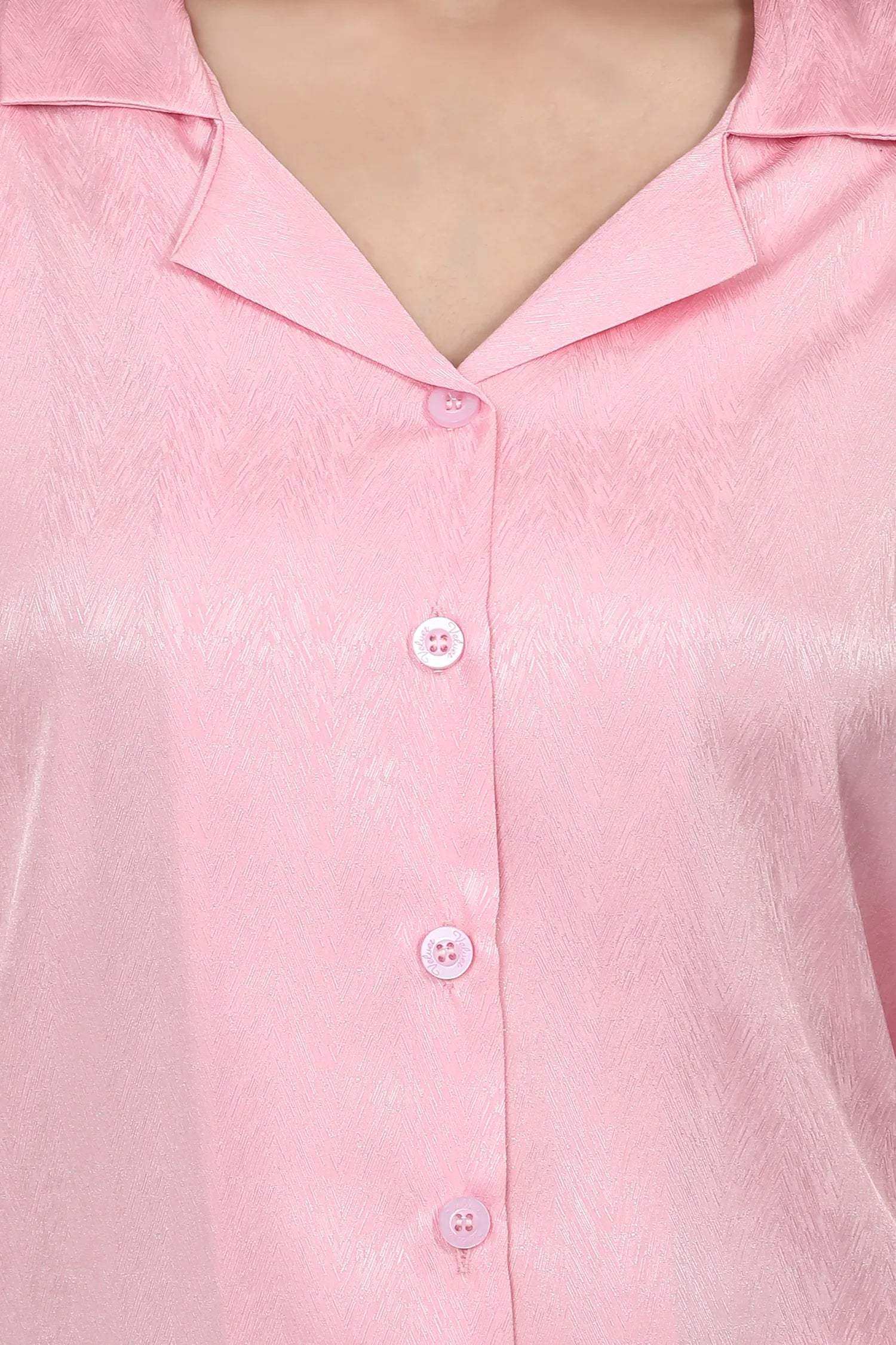 Velure Glossy Pink Satin Night Suit - Velure - - 3/4 Sleeves, Collar Neck, Front Button Open, Full Length Pant, Satin