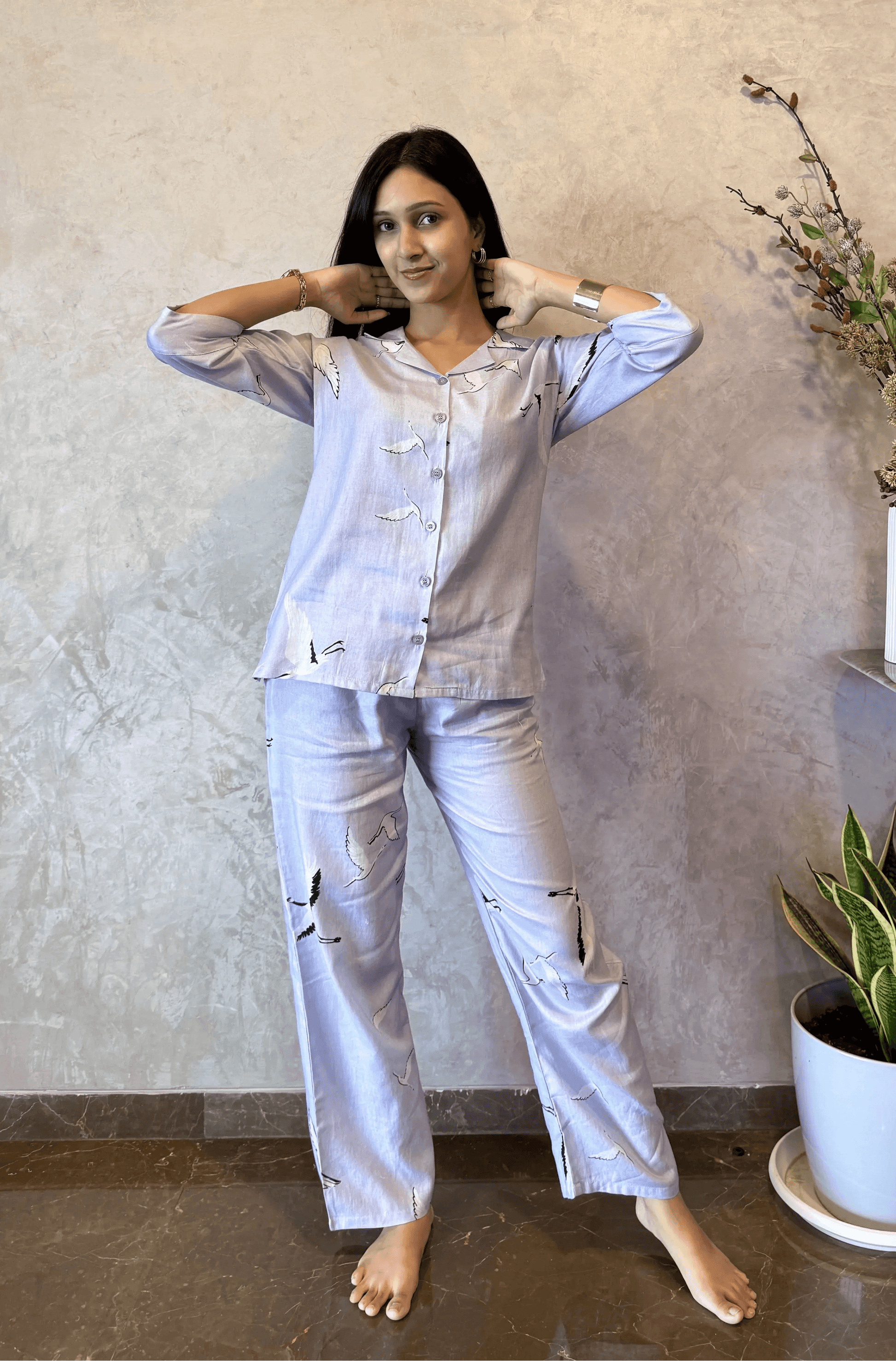 Velure Blue Swan Cotton Night Suit - Velure - - 3/4 Sleeves, Collar Neck, Cotton, Front Button Open, Full Length Pant