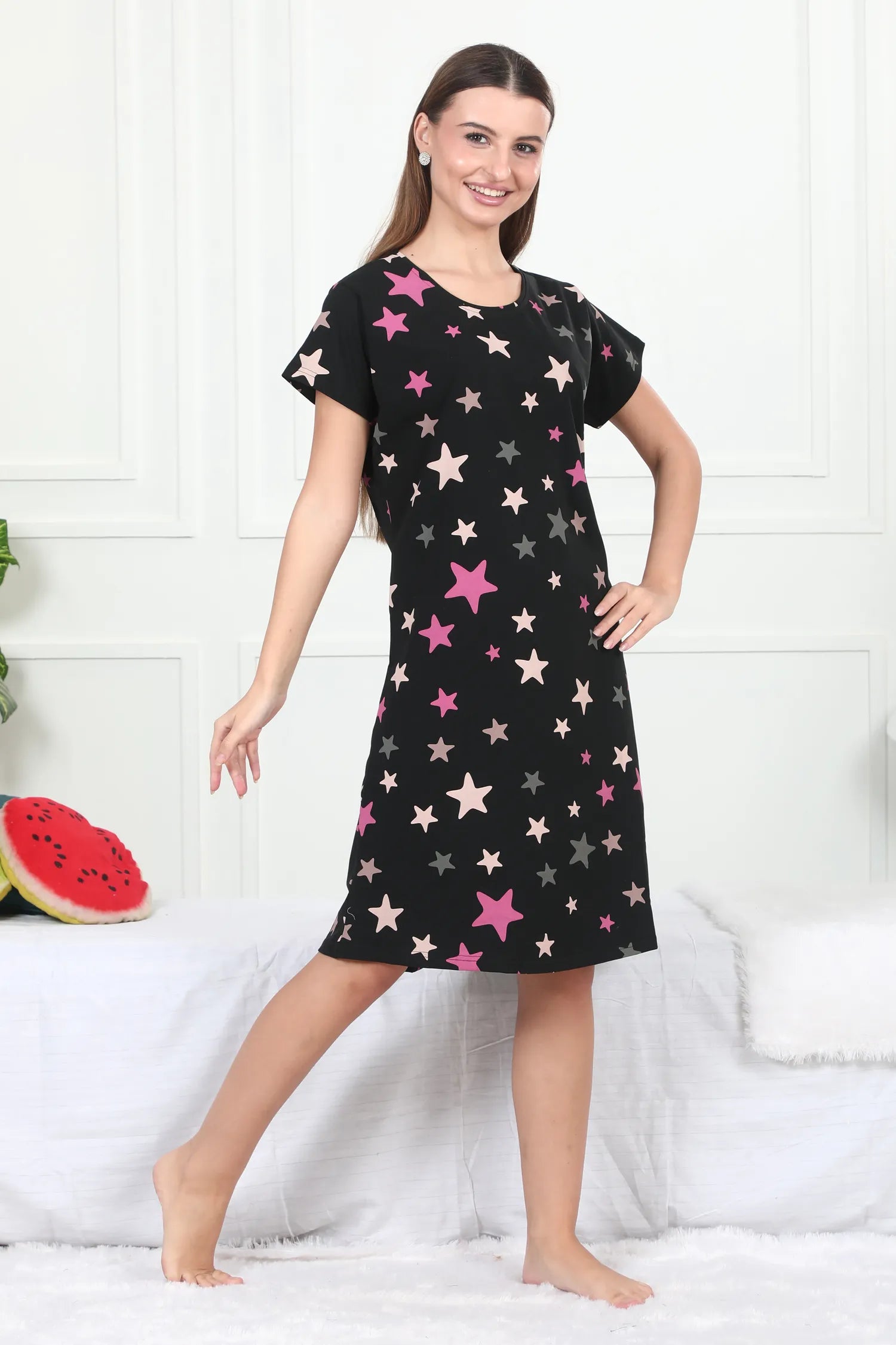 Velure Glossy Black Star Print Short Nighty - Velure - - Cotton, Half Sleeves, Knee Length, Printed, Round neck