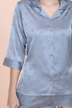 Velure Casual Cherry Print Satin Night Suit - Velure - - 3/4 Sleeves, Collar Neck, Front Button Open, Full Length Pant, Printed, Satin