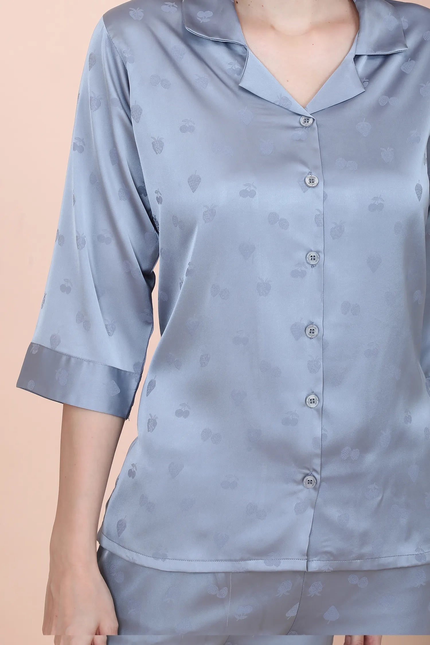 Velure Casual Cherry Print Satin Night Suit - Velure - - 3/4 Sleeves, Collar Neck, Front Button Open, Full Length Pant, Printed, Satin