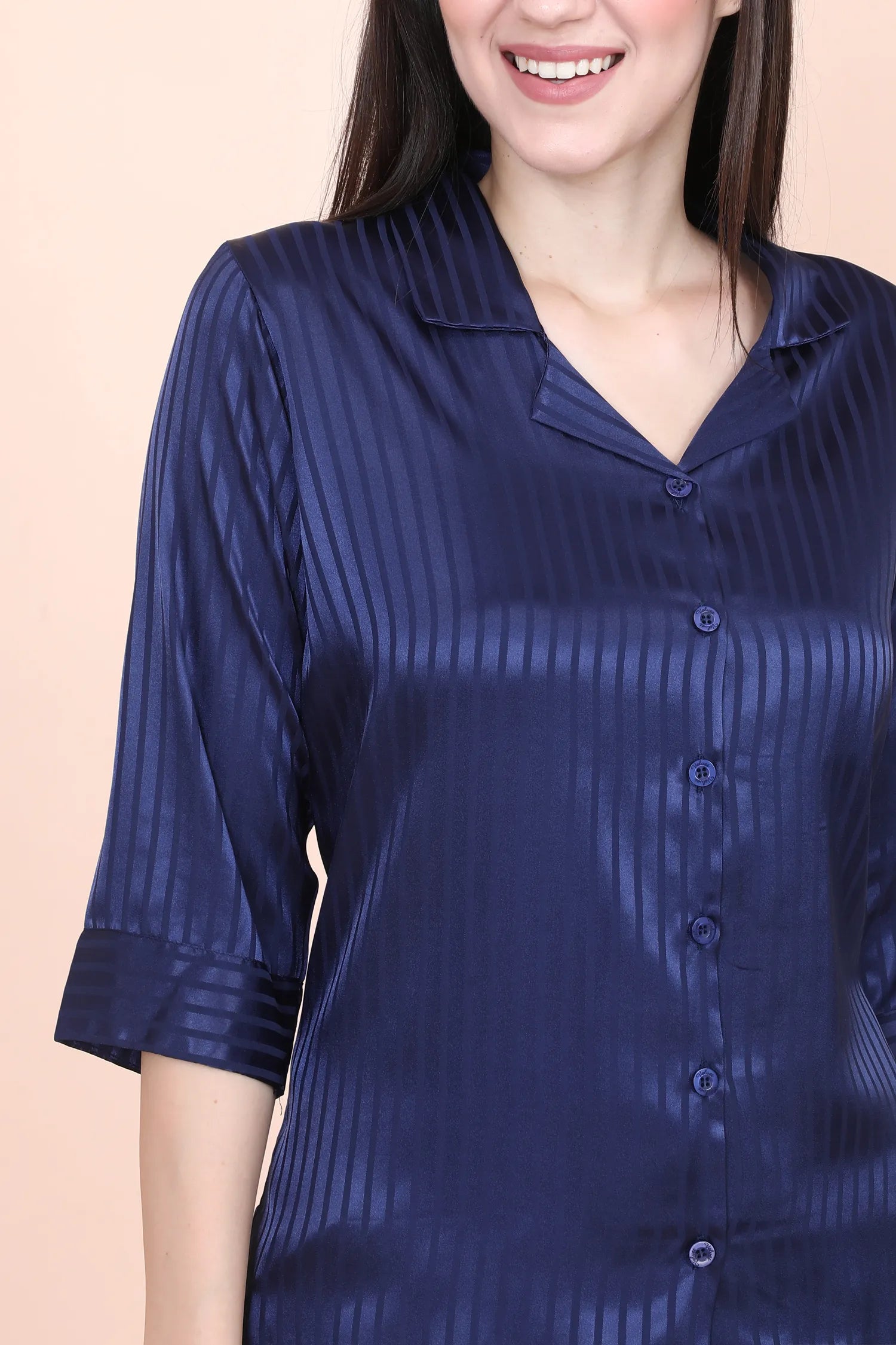 Velure Blue Casual Stripes Satin Night Suit