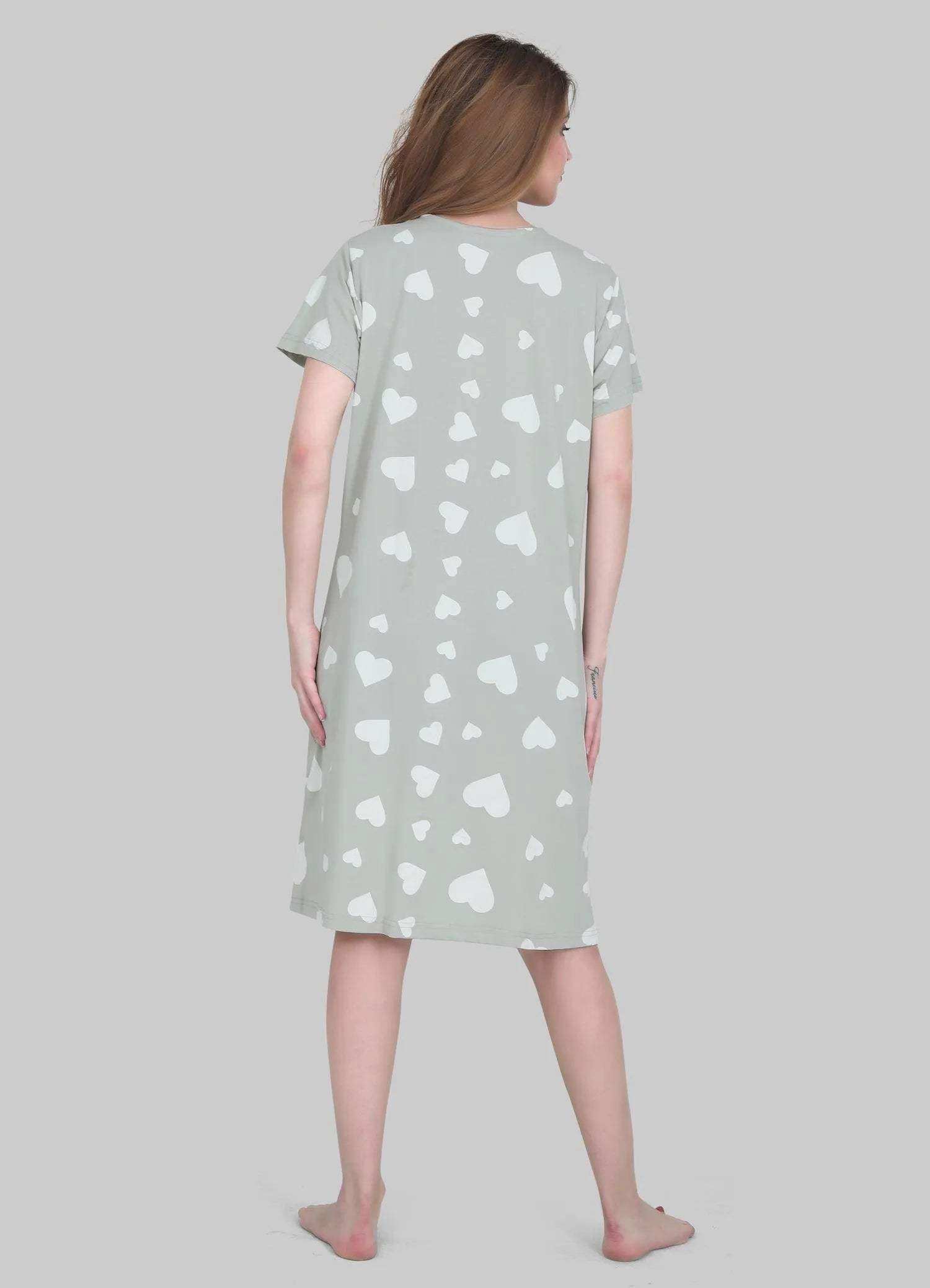 Velure Fashionable All-Over Heart Print Short Nighty - Velure - - Cotton, Half Sleeves, Knee Length, Printed, Round neck