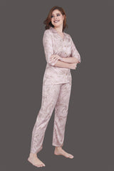 Velure Abstract Swirl Print Satin Night Suit - Velure - Shirt and Pant - 3/4 Sleeves, Collar Neck, Front Button Open, Full Length Pant, Satin