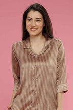 Velure All Over Stripes Satin Set - Velure - Shirt and Pant - 3/4 Sleeves, Collar Neck, Front Button Open, Full Length Pant, Satin, Stripes