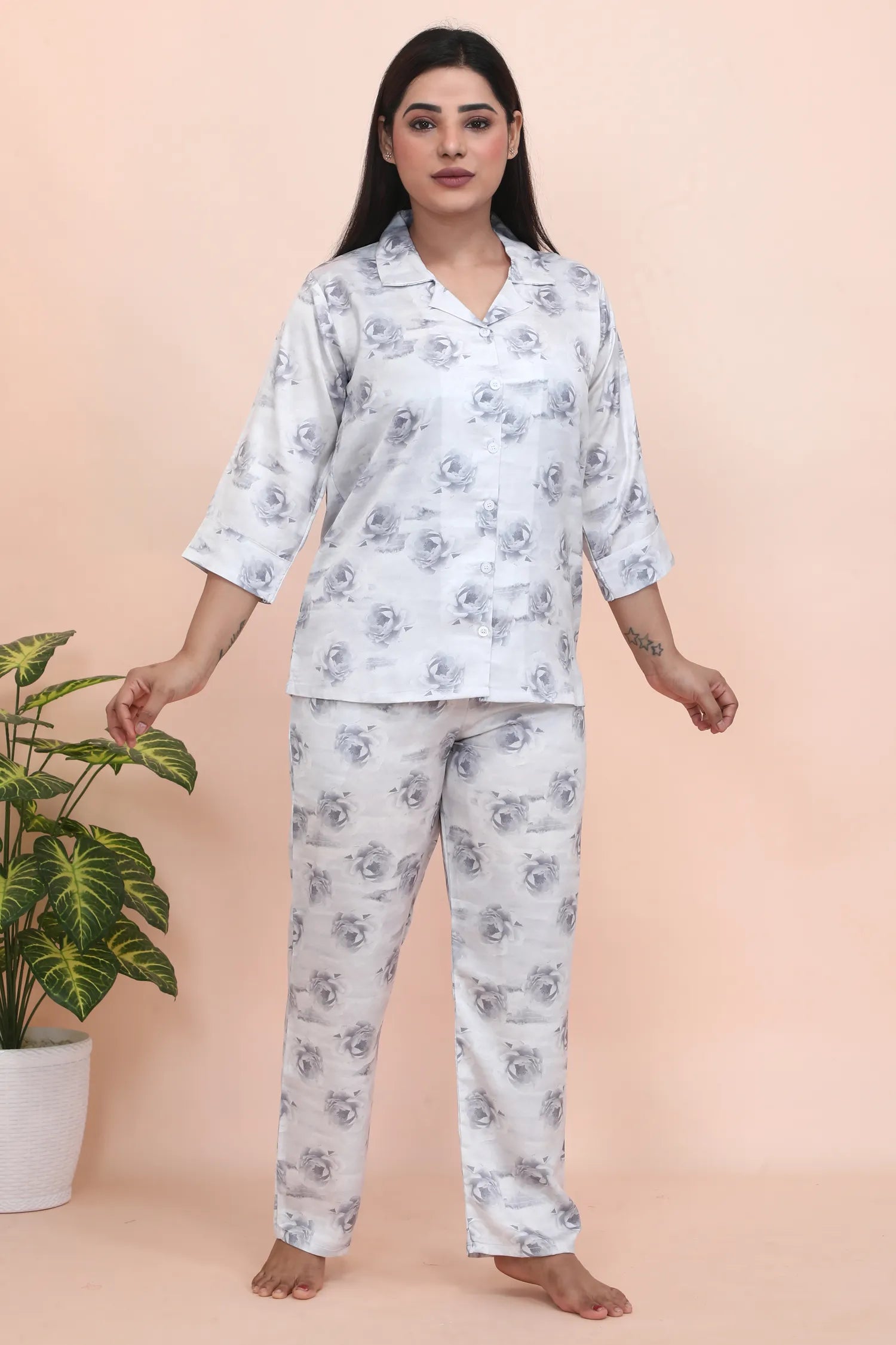 Velure Rose Print Night Suit - Velure - - 3/4 Sleeves, Collar Neck, Floral Print, Front Button Open, Full Length Pant, Satin