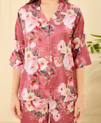 Velure Stylish Floral Print Night Suit - Velure - - 3/4 Sleeves, Collar Neck, Floral Print, Front Button Open, Full Length Pant, Satin