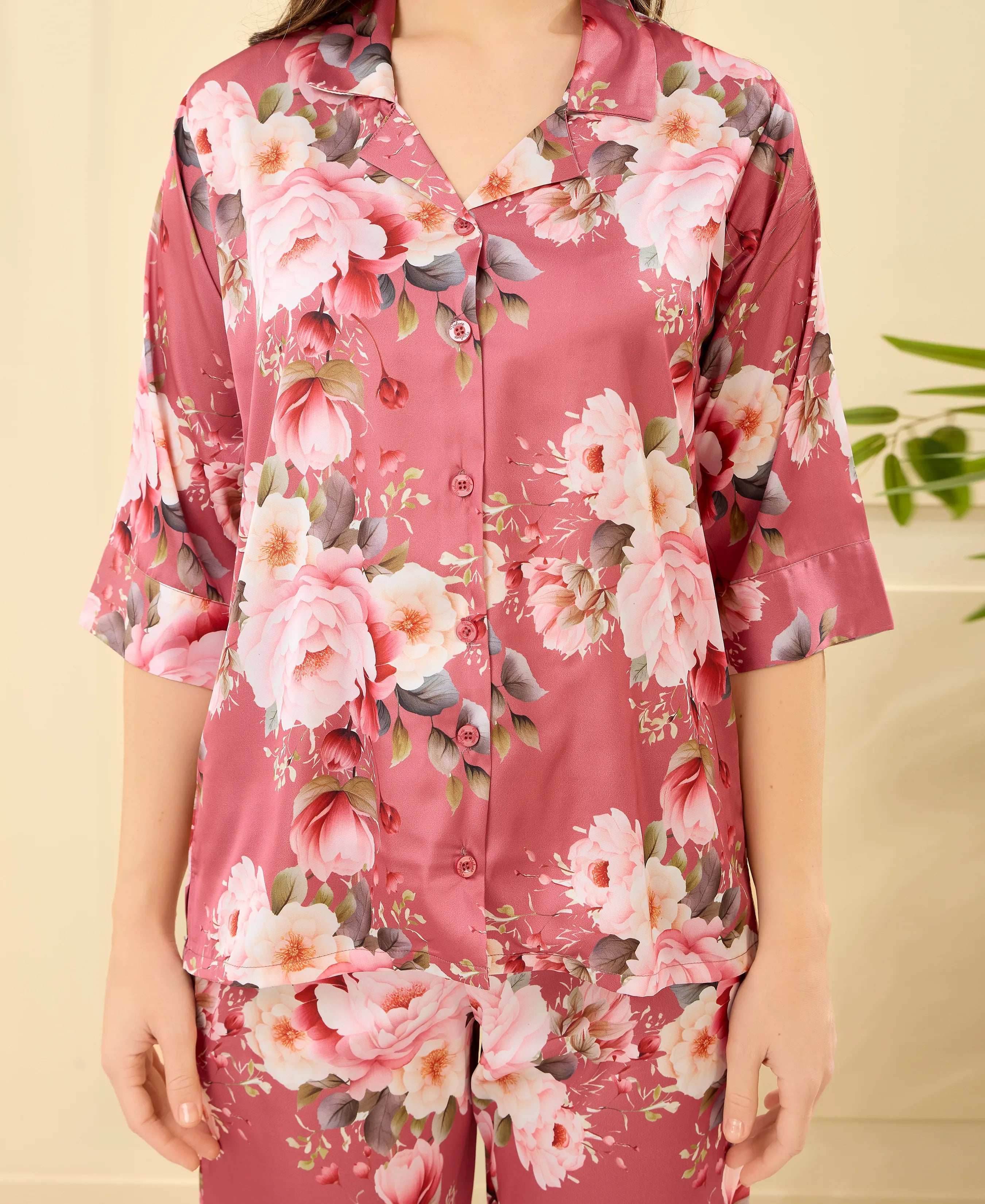 Velure Stylish Floral Print Night Suit - Velure - - 3/4 Sleeves, Collar Neck, Floral Print, Front Button Open, Full Length Pant, Satin