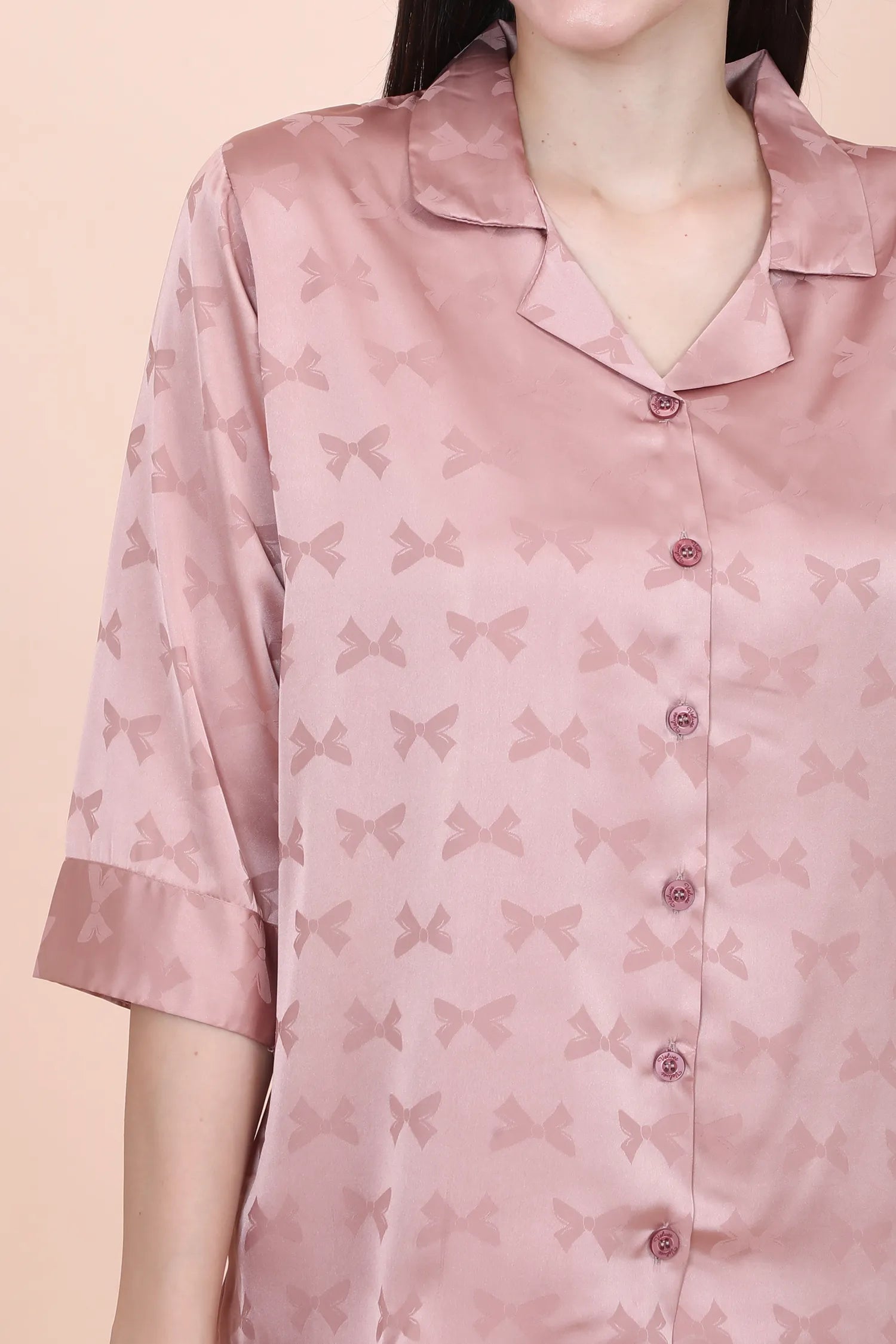 Velure Stunning Peach Bow Print Satin Night Suit