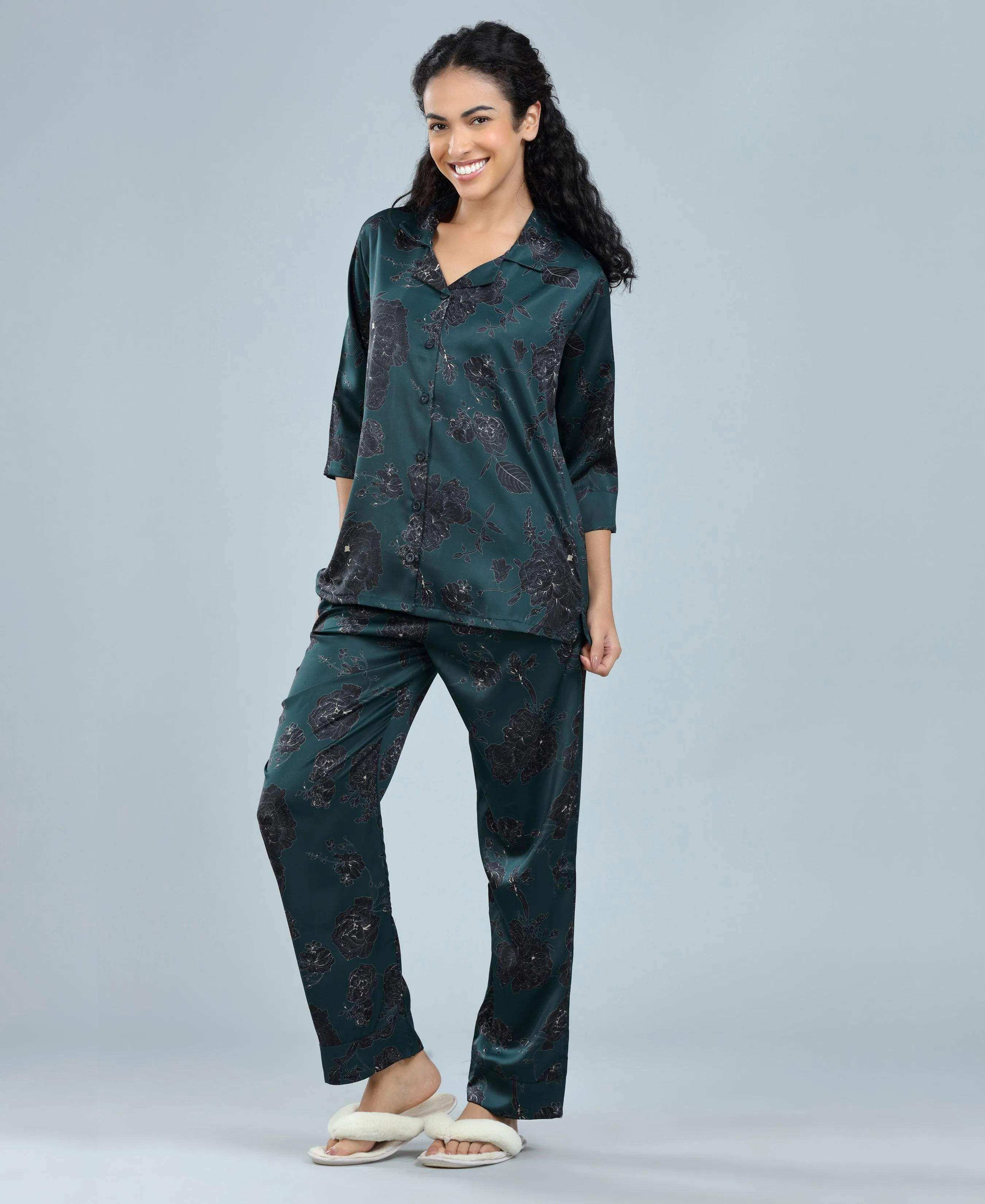 Velure Delightful Floral Satin Print Night Suit - Velure - - Collar Neck, Floral Print, Front Button Open, Full Length Pant, Satin