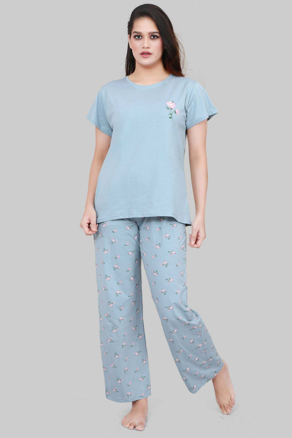 Velure Pleasant Floral Print Pajama Set - Velure - - Cotton Lycra Fabric, Floral Print, Full Length Pant, Half Sleeves, Round neck nightsuit