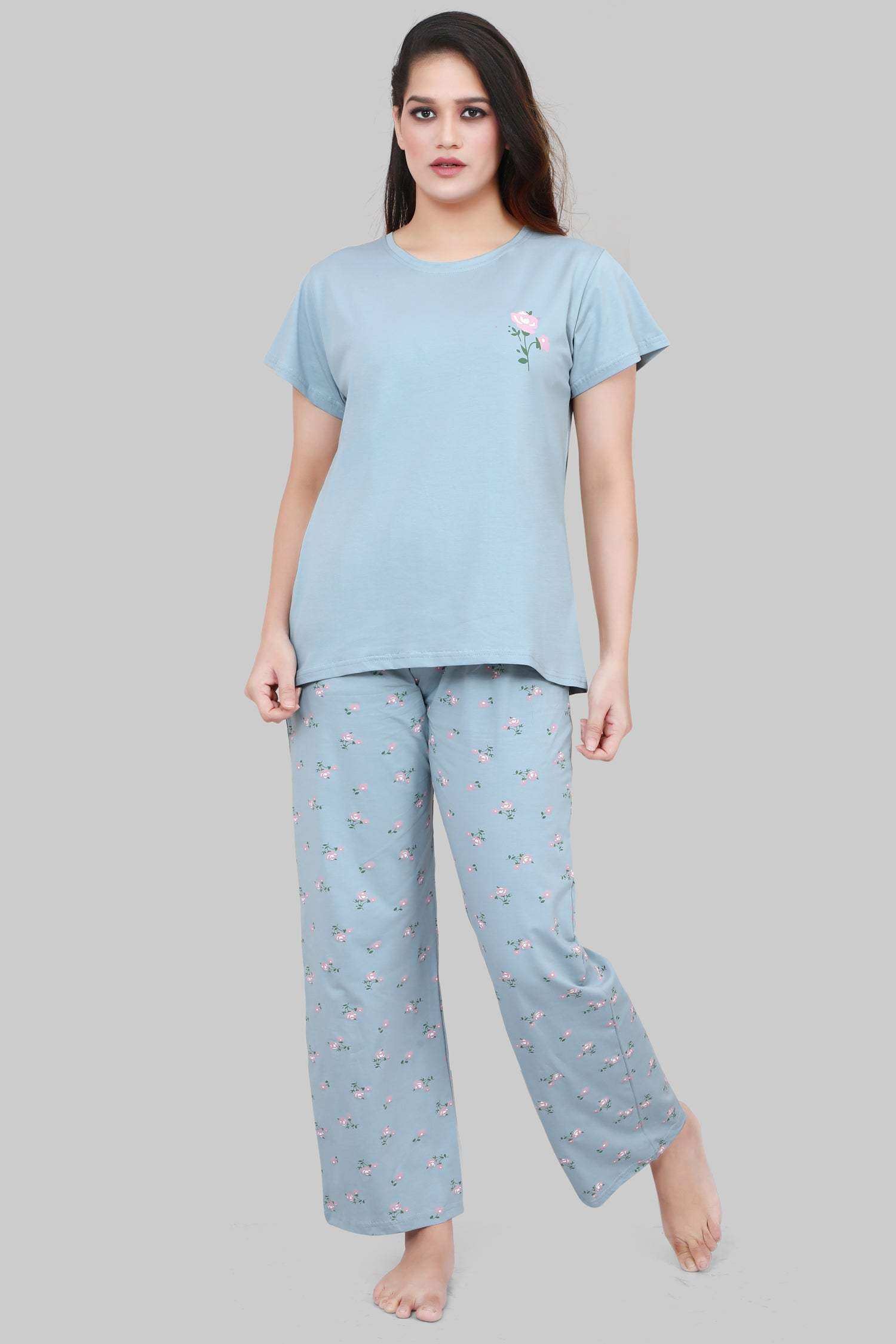 Velure Pleasant Floral Print Pajama Set - Velure - - Cotton Lycra Fabric, Floral Print, Full Length Pant, Half Sleeves, Round neck nightsuit
