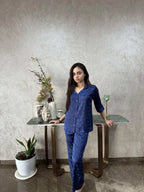 Velure Ribbin Bow Satin Print Satin Night Suit - Velure - - 3/4 Sleeves, Collar Neck, Front Button Open, Full Length Pant, Satin