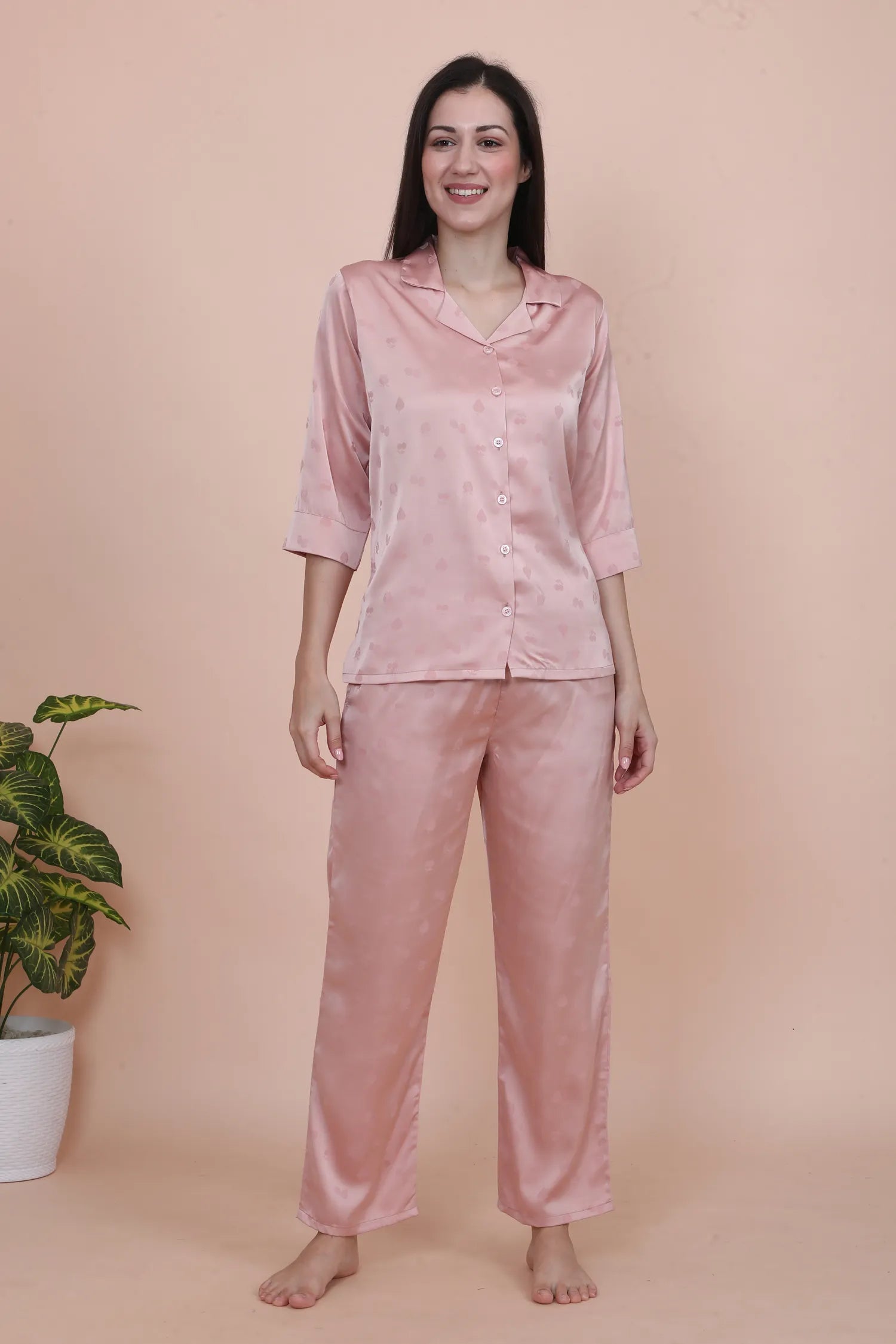 Velure Peach Cherry Print Satin Night Suit - Velure - - 3/4 Sleeves, Collar Neck, Front Button Open, Full Length Pant, Round neck, Satin