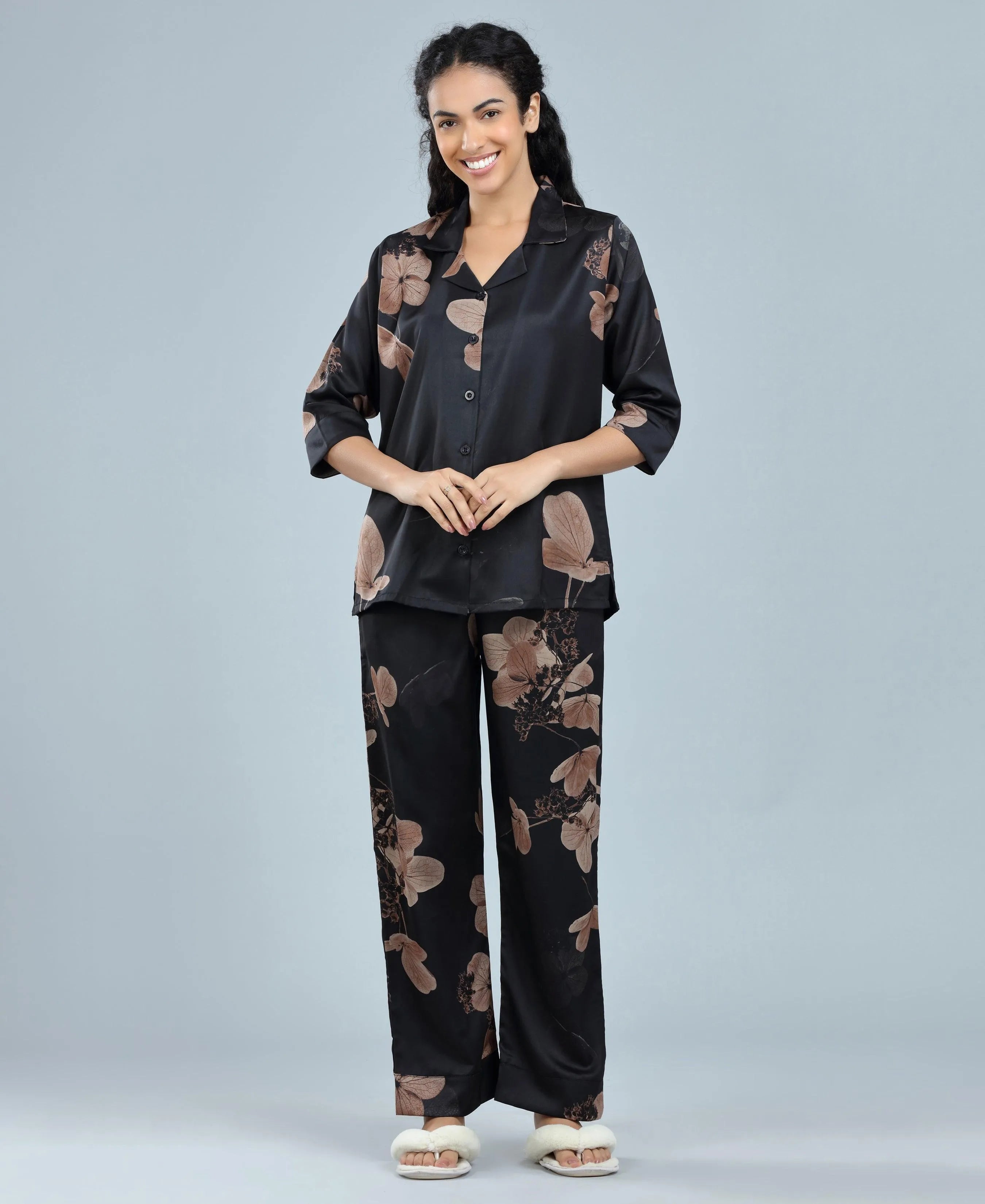 Velure Glossy Black Floral Print Satin Night Suit - Velure - Long Top and Pant - 3/4 Sleeves, Collar Neck, Floral Print, Front Button Open, Full Length Pant, Satin