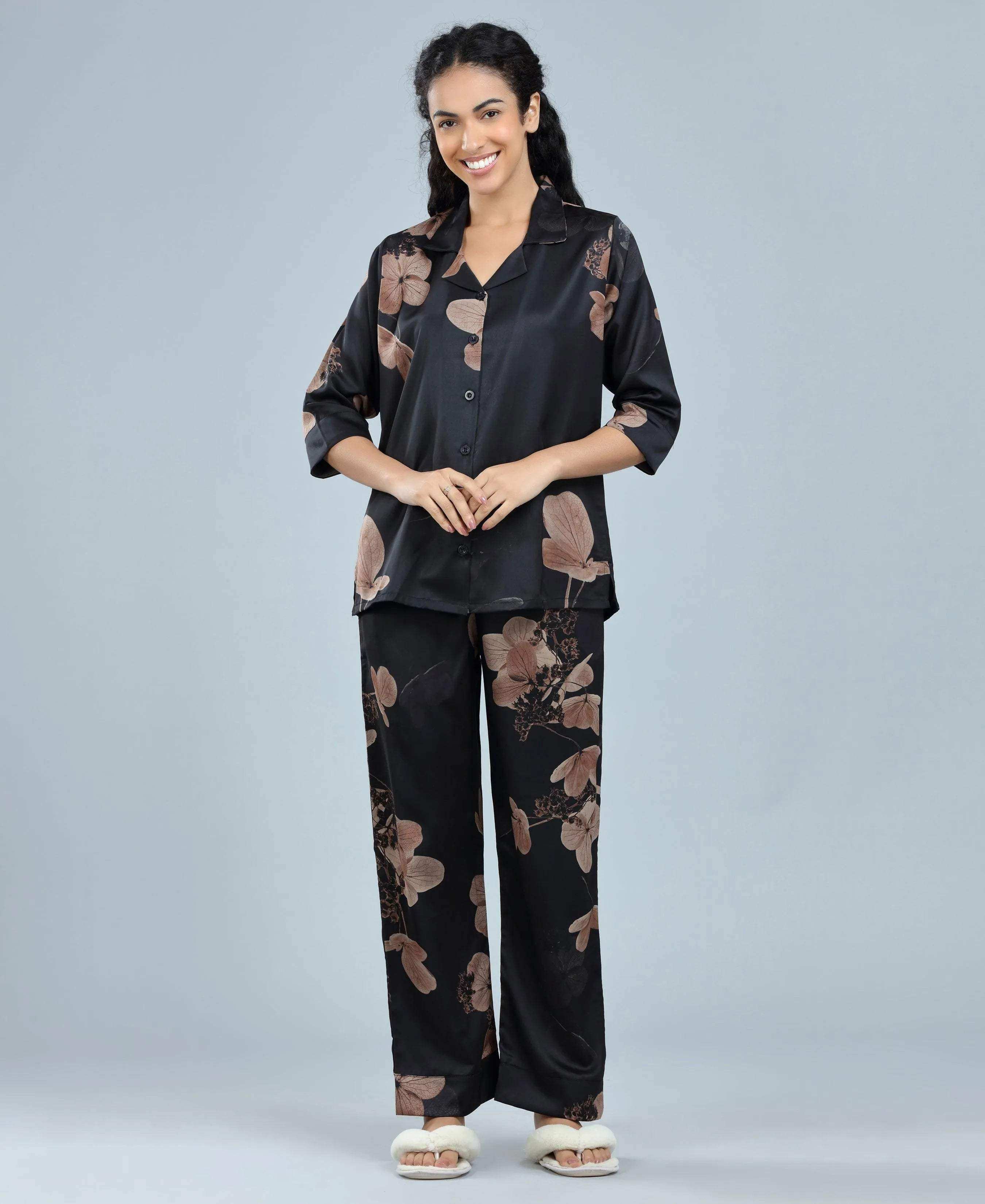 Velure Glossy Black Floral Print Satin Night Suit - Velure - - 3/4 Sleeves, Collar Neck, Floral Print, Front Button Open, Full Length Pant, Satin