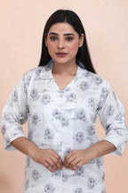 Velure Rose Print Night Suit - Velure - - 3/4 Sleeves, Collar Neck, Floral Print, Front Button Open, Full Length Pant, Satin