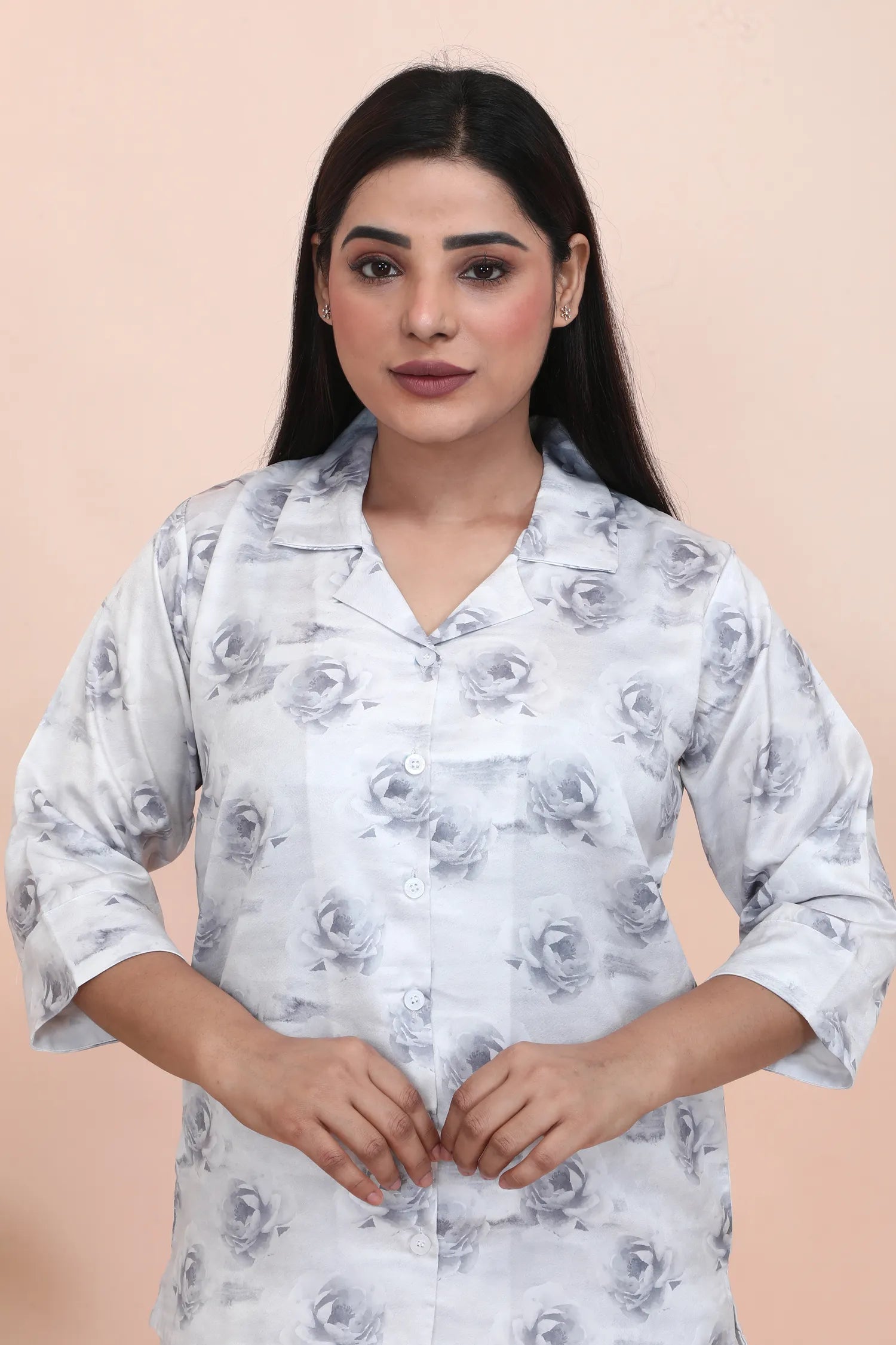 Velure Rose Print Night Suit - Velure - - 3/4 Sleeves, Collar Neck, Floral Print, Front Button Open, Full Length Pant, Satin