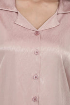 Velure Classic Shiny Satin Night Suit - Velure - - 3/4 Sleeves, Collar Neck, Front Button Open, Satin