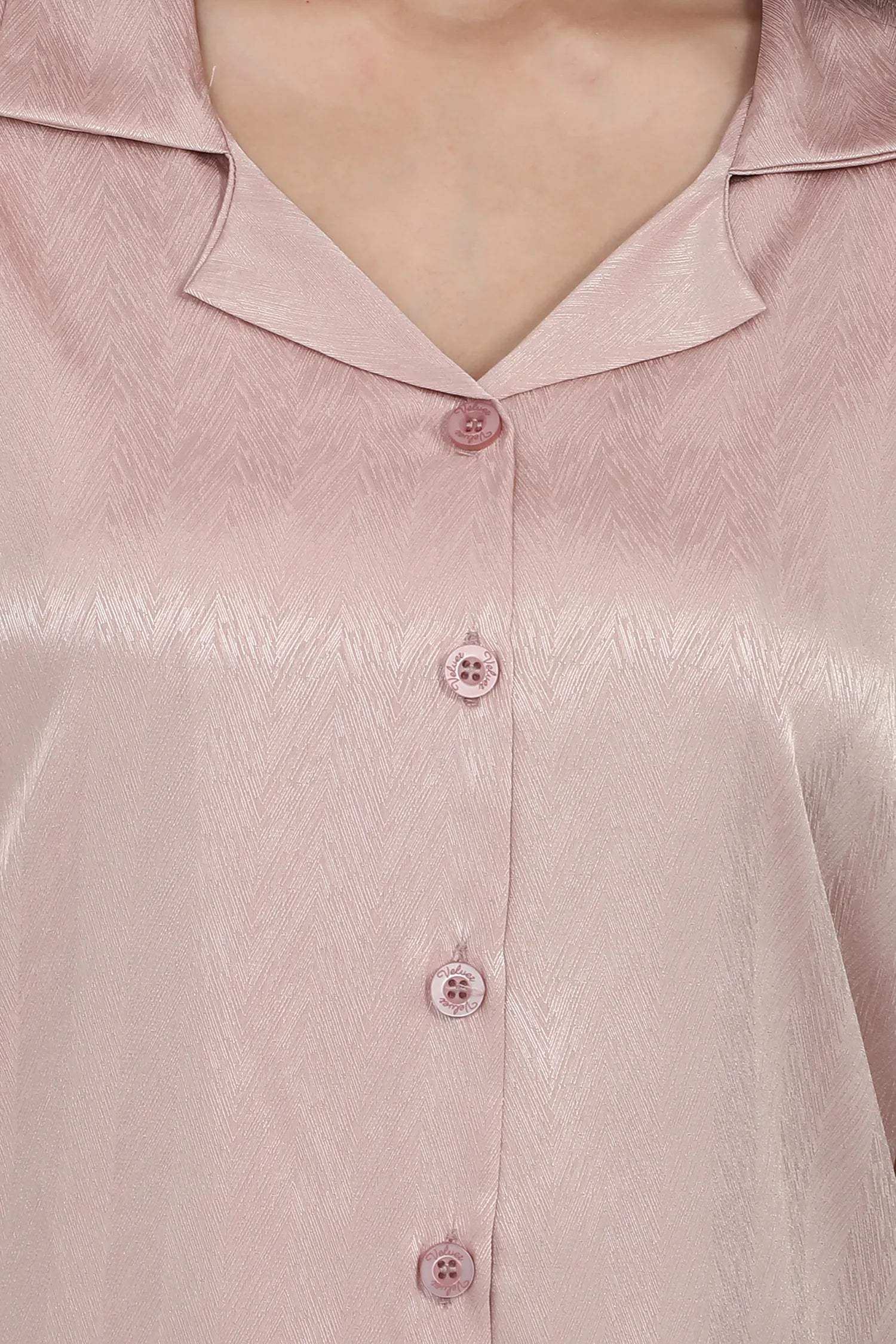 Velure Classic Shiny Satin Night Suit - Velure - - 3/4 Sleeves, Collar Neck, Front Button Open, Satin
