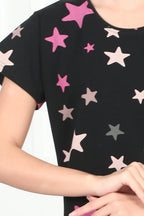 Velure Glossy Black Star Print Short Nighty - Velure - - Cotton, Half Sleeves, Knee Length, Printed, Round neck