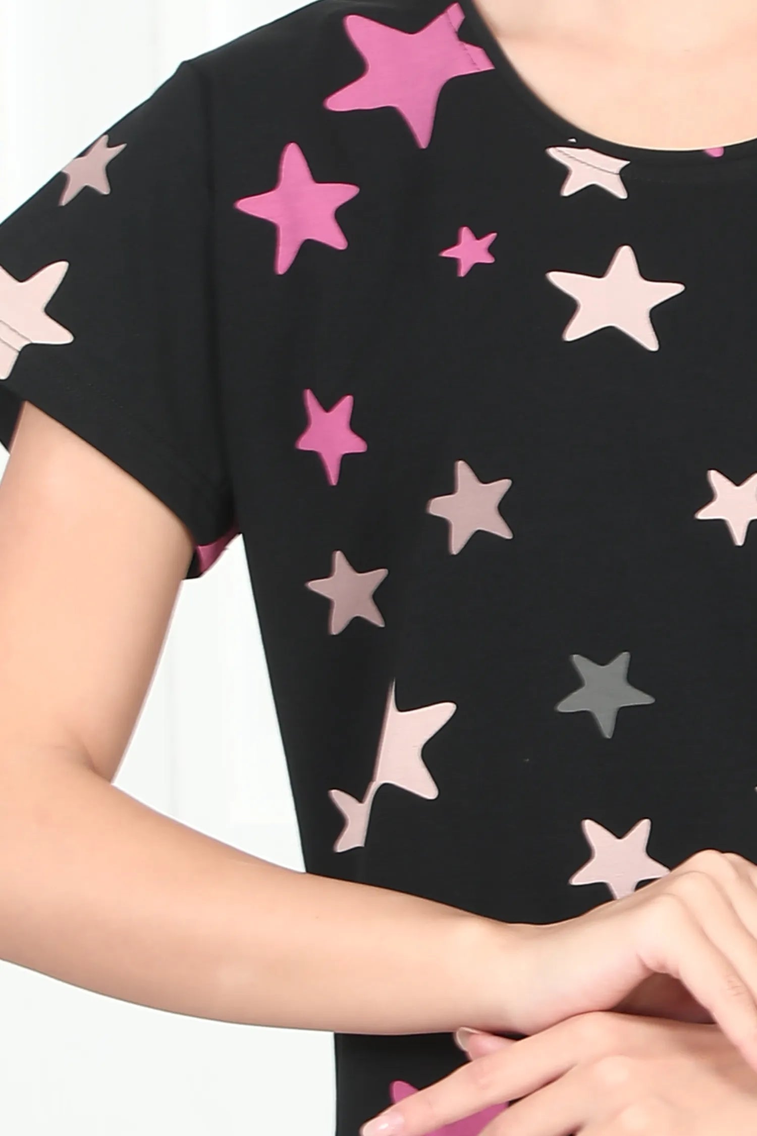 Velure Glossy Black Star Print Short Nighty - Velure - - Cotton, Half Sleeves, Knee Length, Printed, Round neck