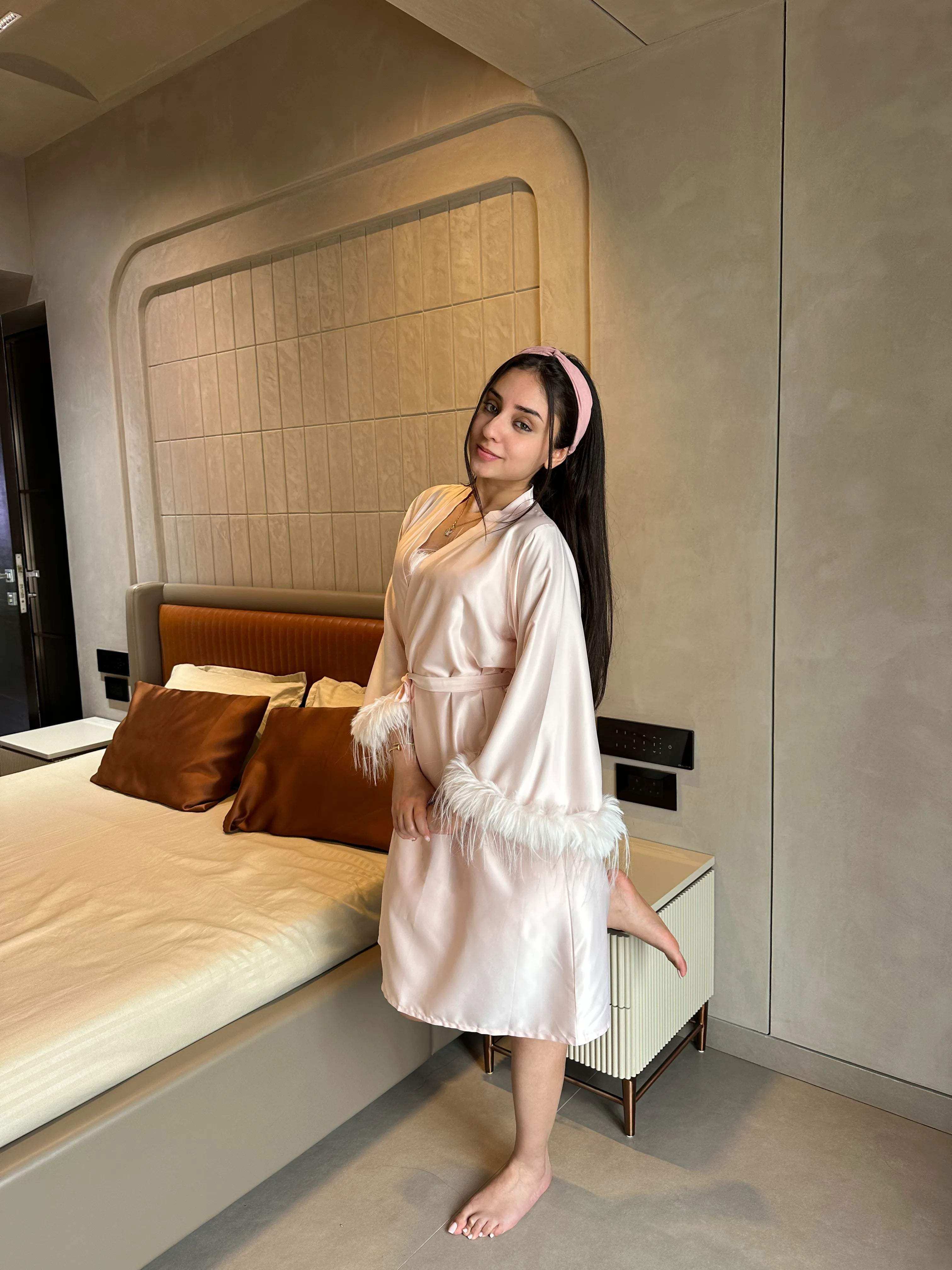 Velure Dreamy Peach Robe (Only Robe) - Velure - - 3/4 Length, Center Drawstring, Robe, Satin