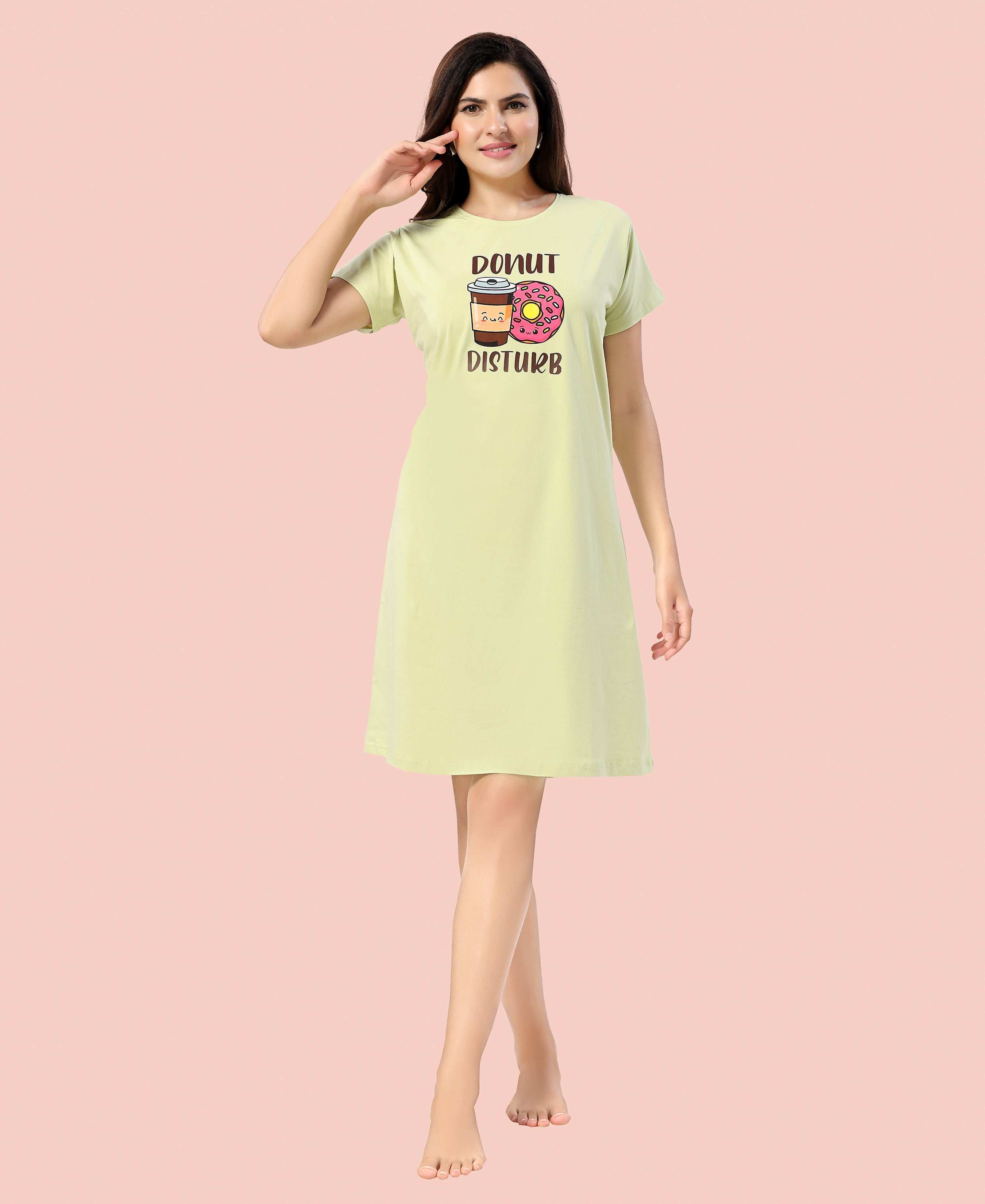 Velure Relaxed Donut Print Short Nighty - Velure - - Cotton, Half Sleeves, Knee Length, Printed, Round neck
