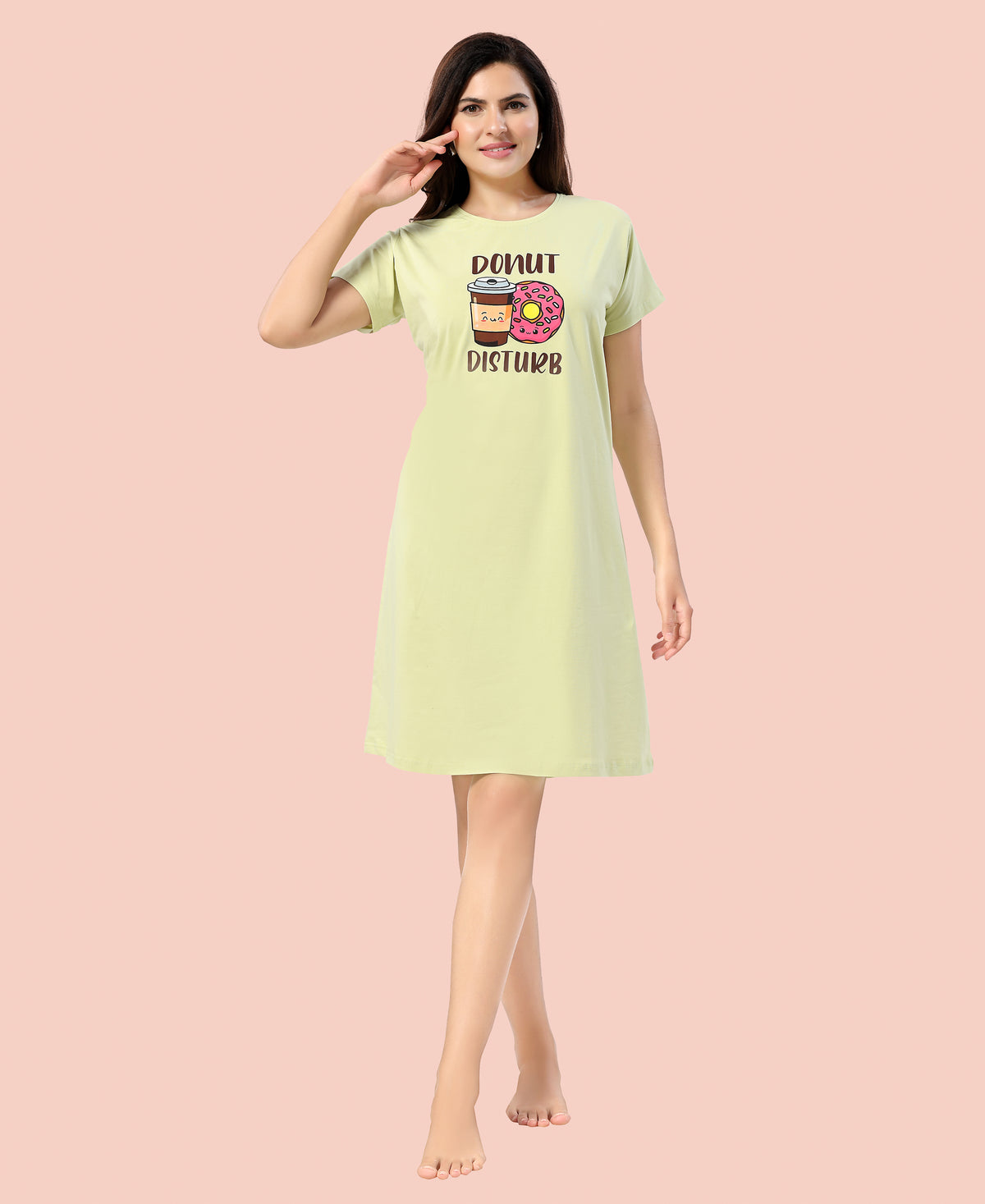 Velure Relaxed Donut Print Short Nighty - Velure - - Cotton, Half Sleeves, Knee Length, Printed, Round neck