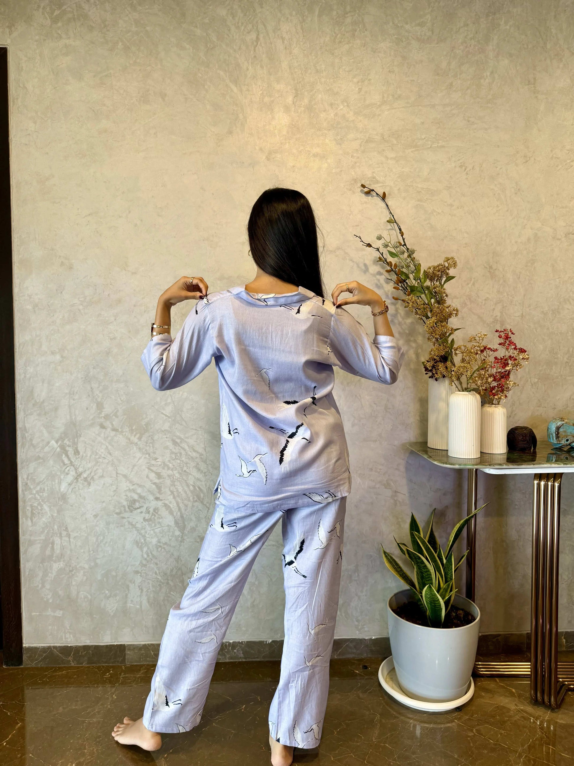 Velure Blue Swan Cotton Night Suit - Velure - - 3/4 Sleeves, Collar Neck, Cotton, Front Button Open, Full Length Pant