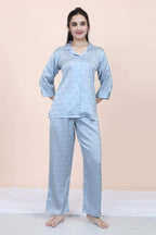 Velure Ethnic Bow Print Satin Night Suit - Velure - - 3/4 Sleeves, Collar Neck, Front Button Open, Full Length Pant, Satin