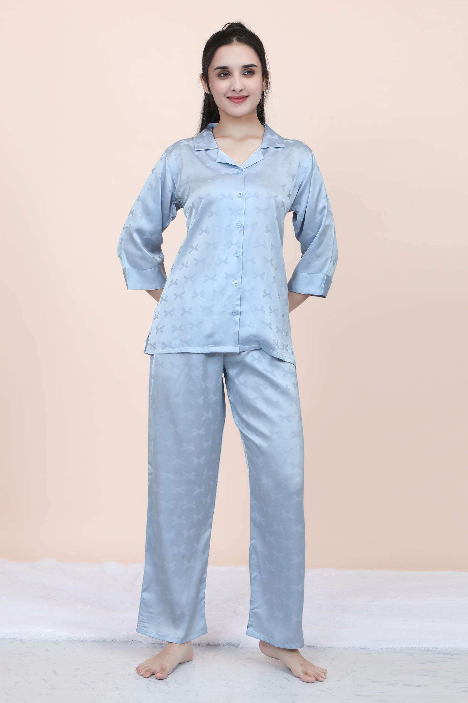 Velure Ethnic Bow Print Satin Night Suit - Velure - - 3/4 Sleeves, Collar Neck, Front Button Open, Full Length Pant, Satin